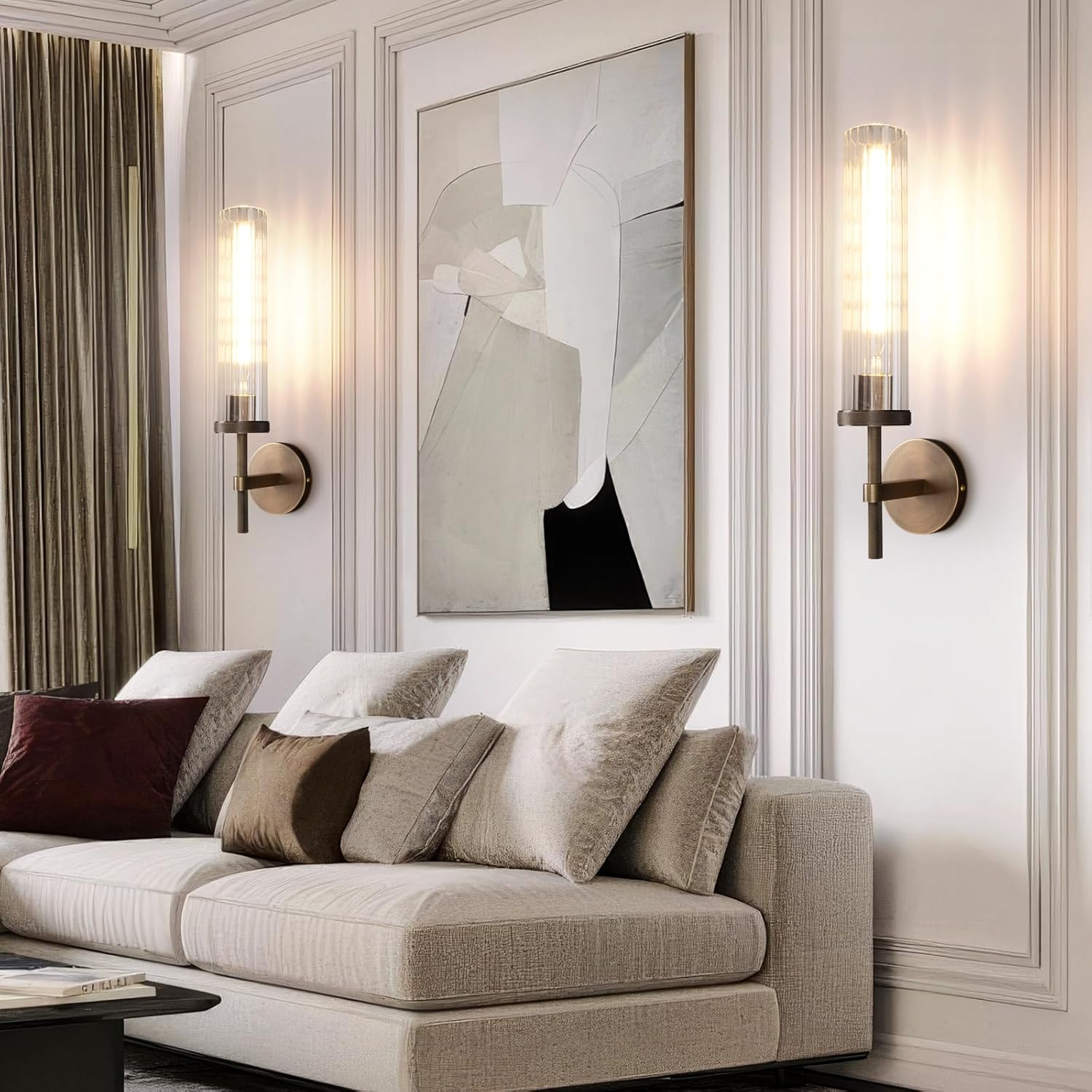 19.5" Knurled Brass Wall Sconces Set of 2, Bronze Bathroom Vanity Light Fixtures with Vertical Striped Glass Tube, Modern Lamp Lighting for Bedroom, Living Room, Hallway, Staircase, Mirror, Kitchen