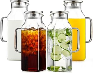 4 Pack 2 Liters/68 oz Square Glass Pitcher with Lid and Handle for Fridge, Iced Tea and Coffee Carafe Beverage Serveware, Heat Resistant Borosilicate Water Jug for Hot/Cold Drinks and Milk