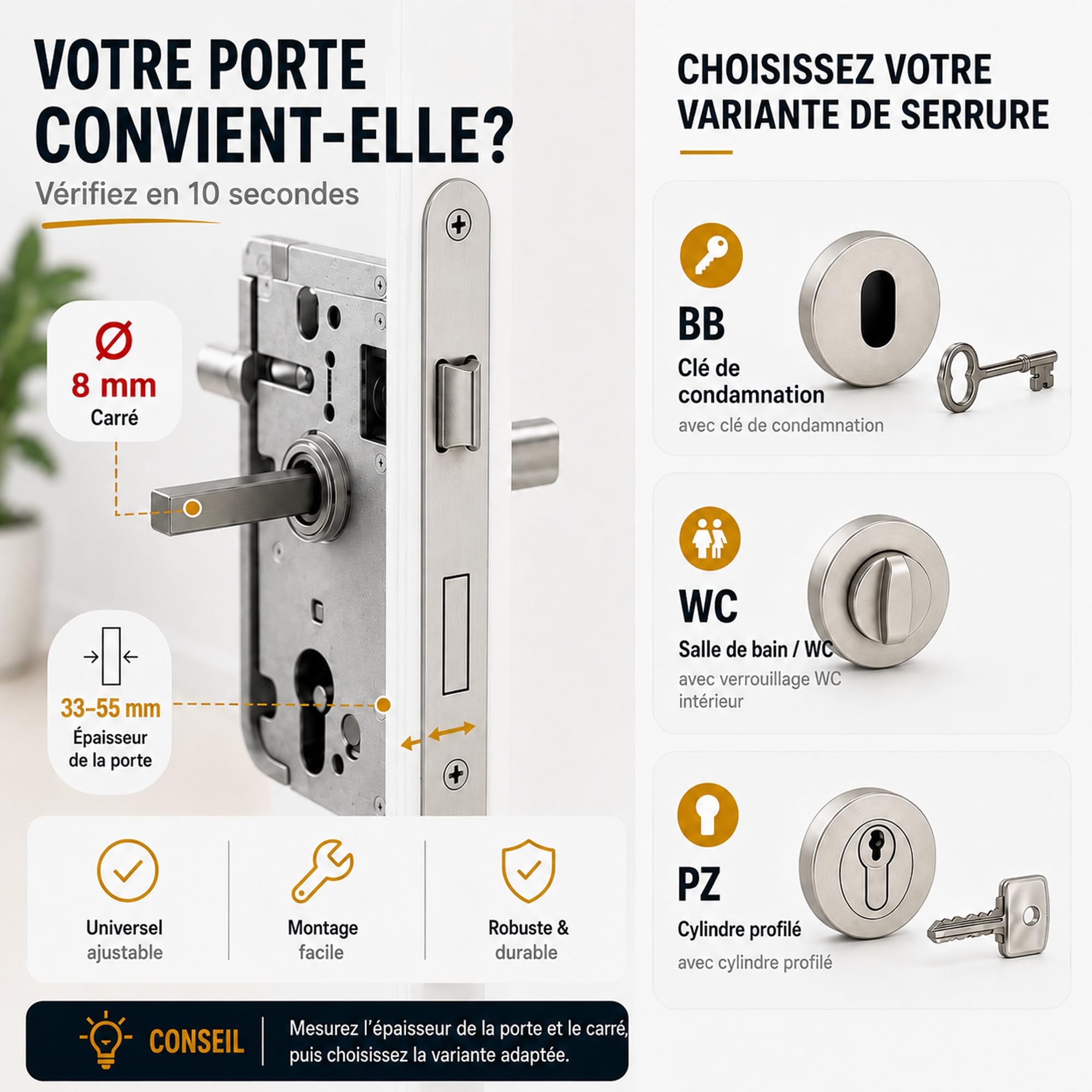Gavroche Poignee de porte interieur noire mat clanche de porte intérieure en aluminium - Ensemble béquille de porte style moderne - Garniture de rosace ronde ferrure de porte (Serrure à clé ordinaire)