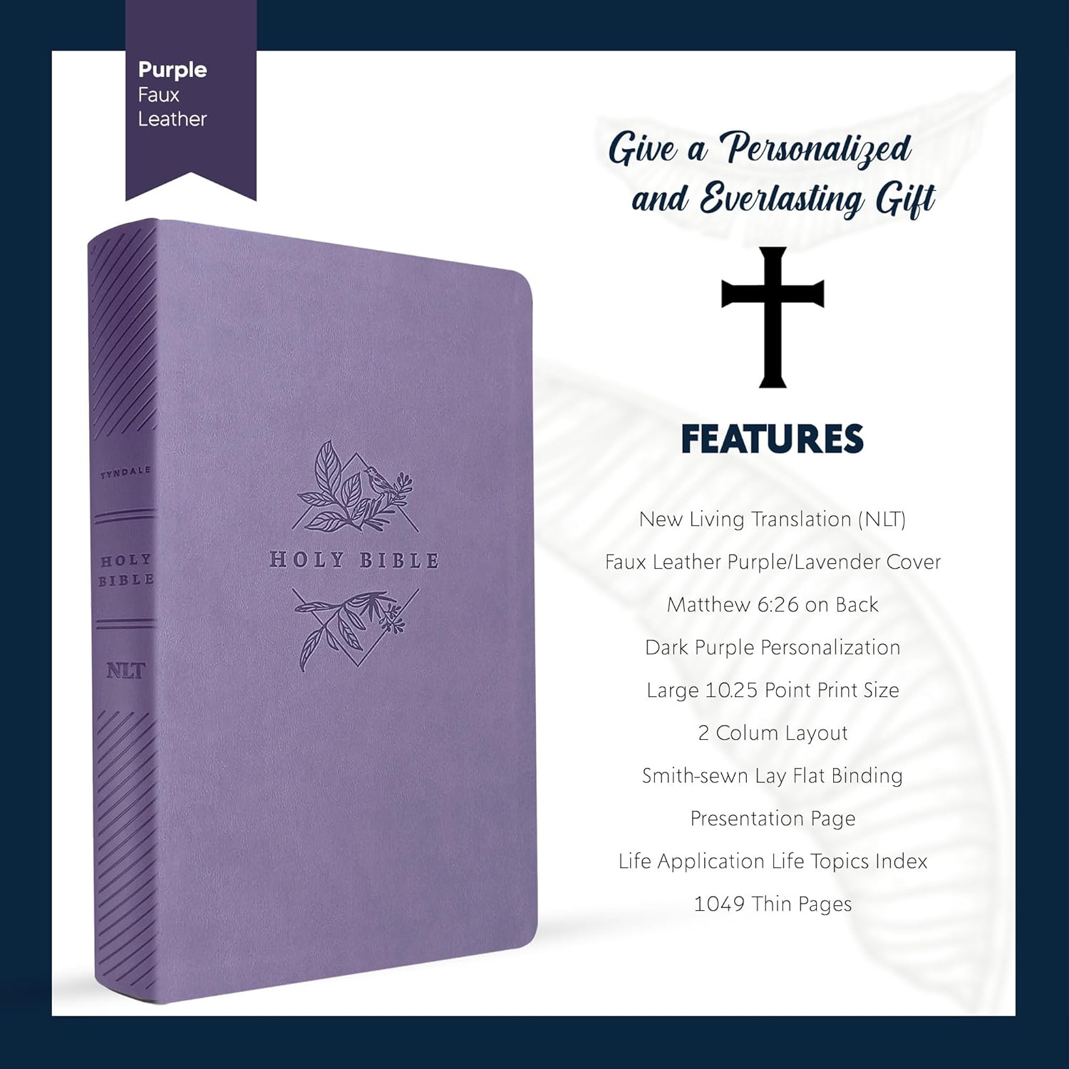 Personalized NLT Thinline Faux Leather Holy Bible for Wedding Ceremony Faith Vows Gift with Custom Name in Dark Purple | Large Print | Groom and Bride Bible | Lavender/Purple