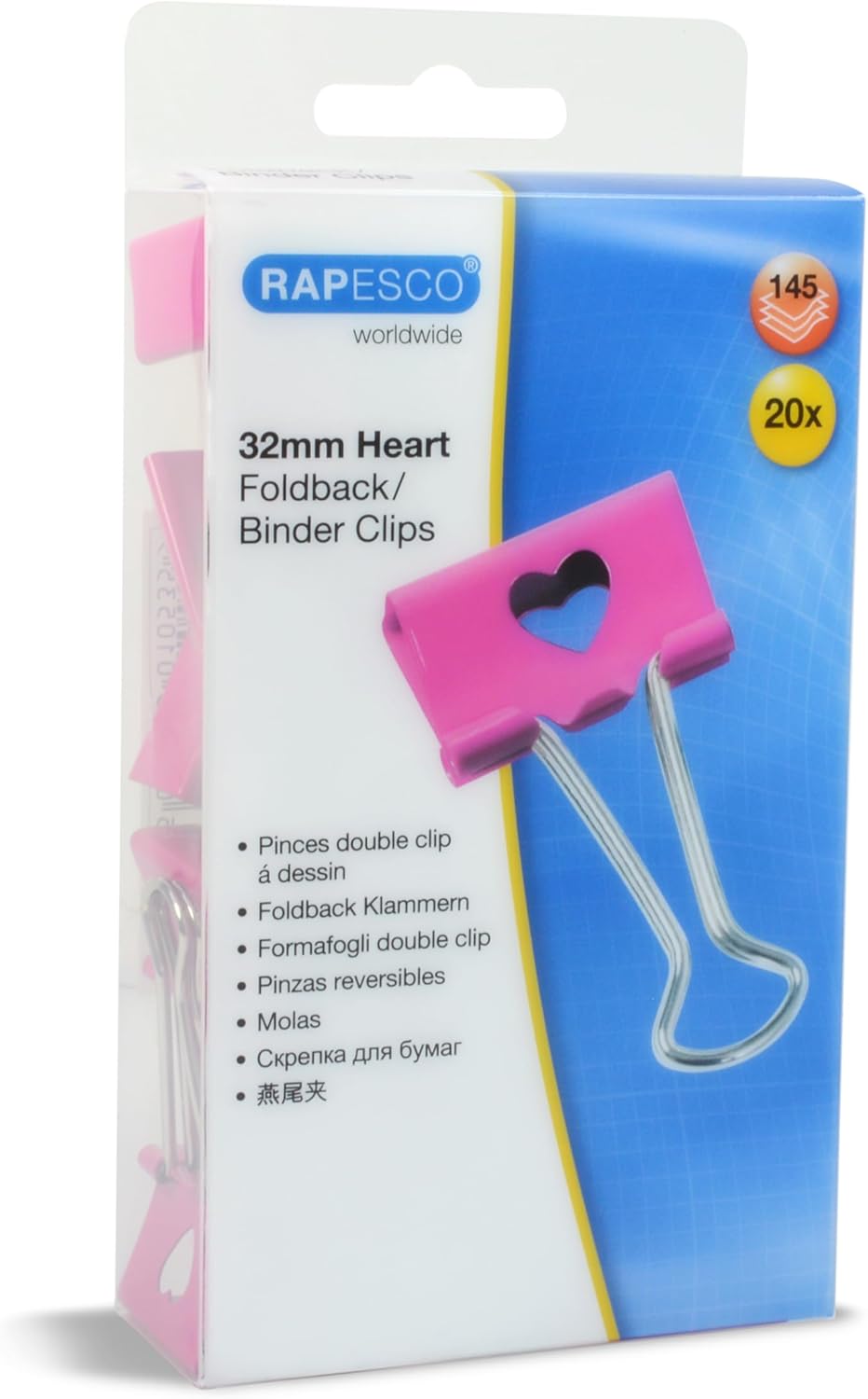 Rapesco 1426 32 mm Foldback Heart Emoji Clip - Hot Pink, Pack of 20