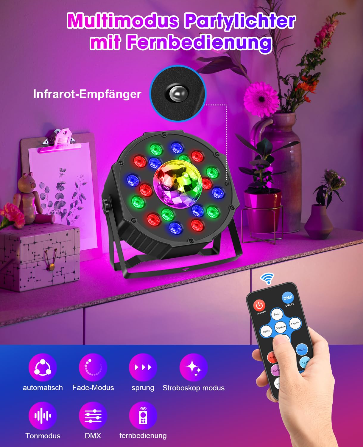 MOSFiATA LED Par Strahler mit Discokugel, RGB Scheinwerfer Discolicht 2 in 1 Partylicht Bühnenlicht für Partyraum Hochzeiten Halloween Weihnachte, 2er Set