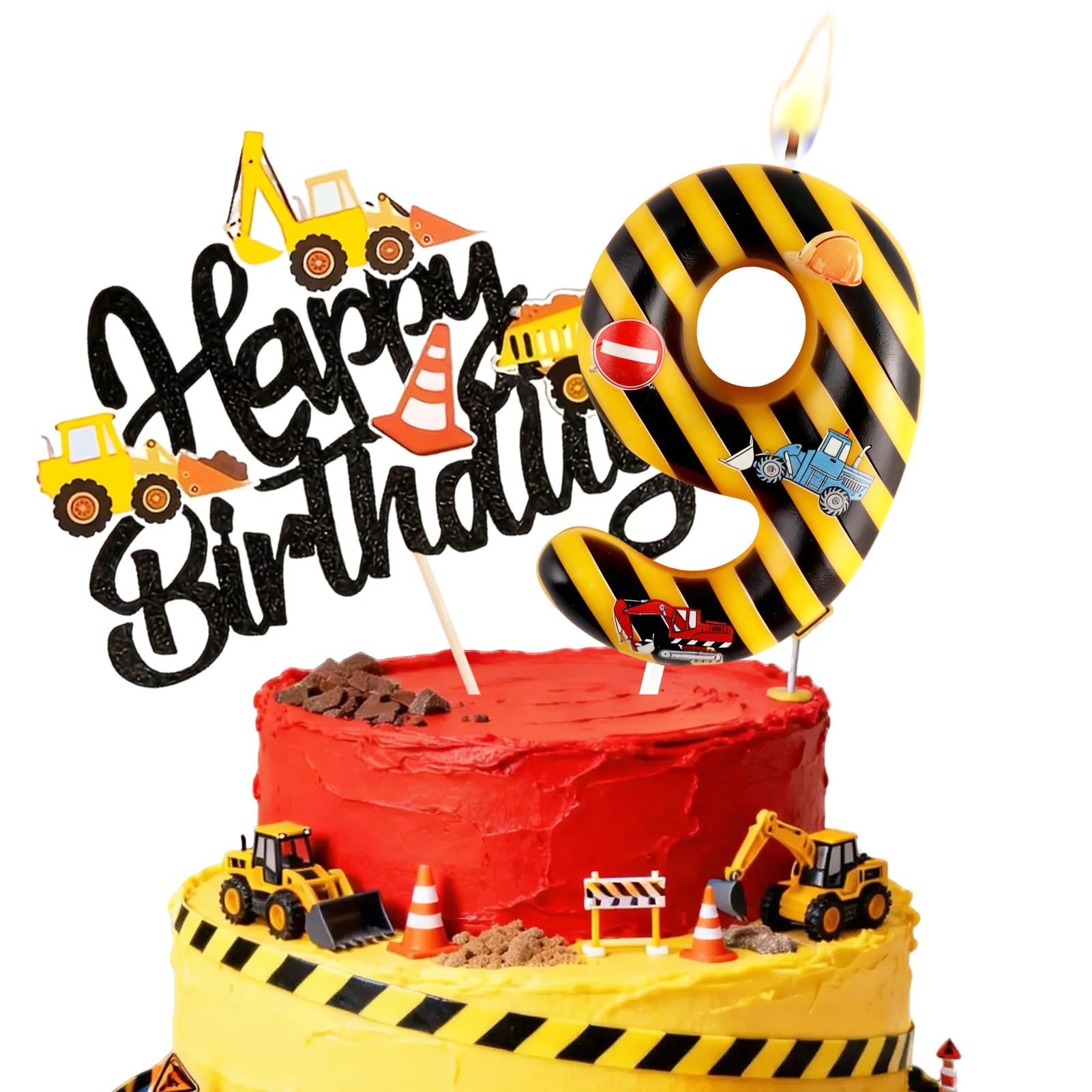 Birthday Candles for Cake, Yellow Black Striped Construction Number Candles, Cake Candles with Greeting Card for Birthday Party Wedding Anniversary Celebrations(9 Candle,Construction)