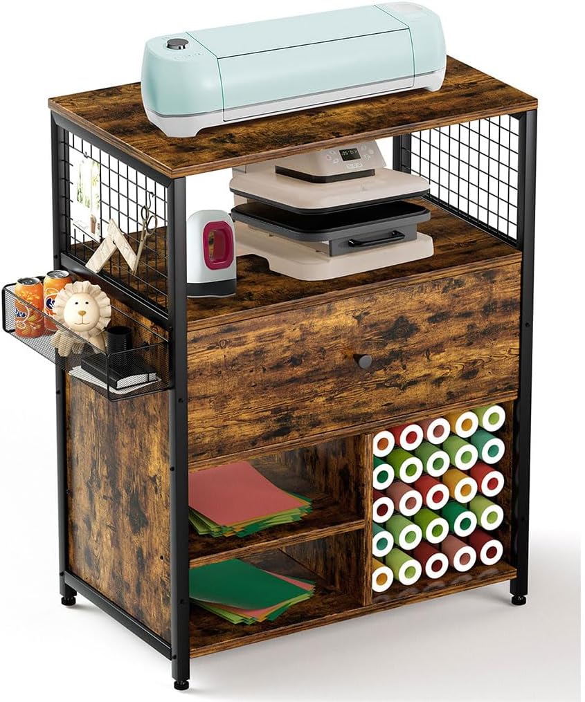 Organizers and Storage Compatible with 25 Vinyl Roll Holders and Drawer Crafting Cabinet Table Workstation with Cricut Machines for Craft Room Home (Rustic Brown)
