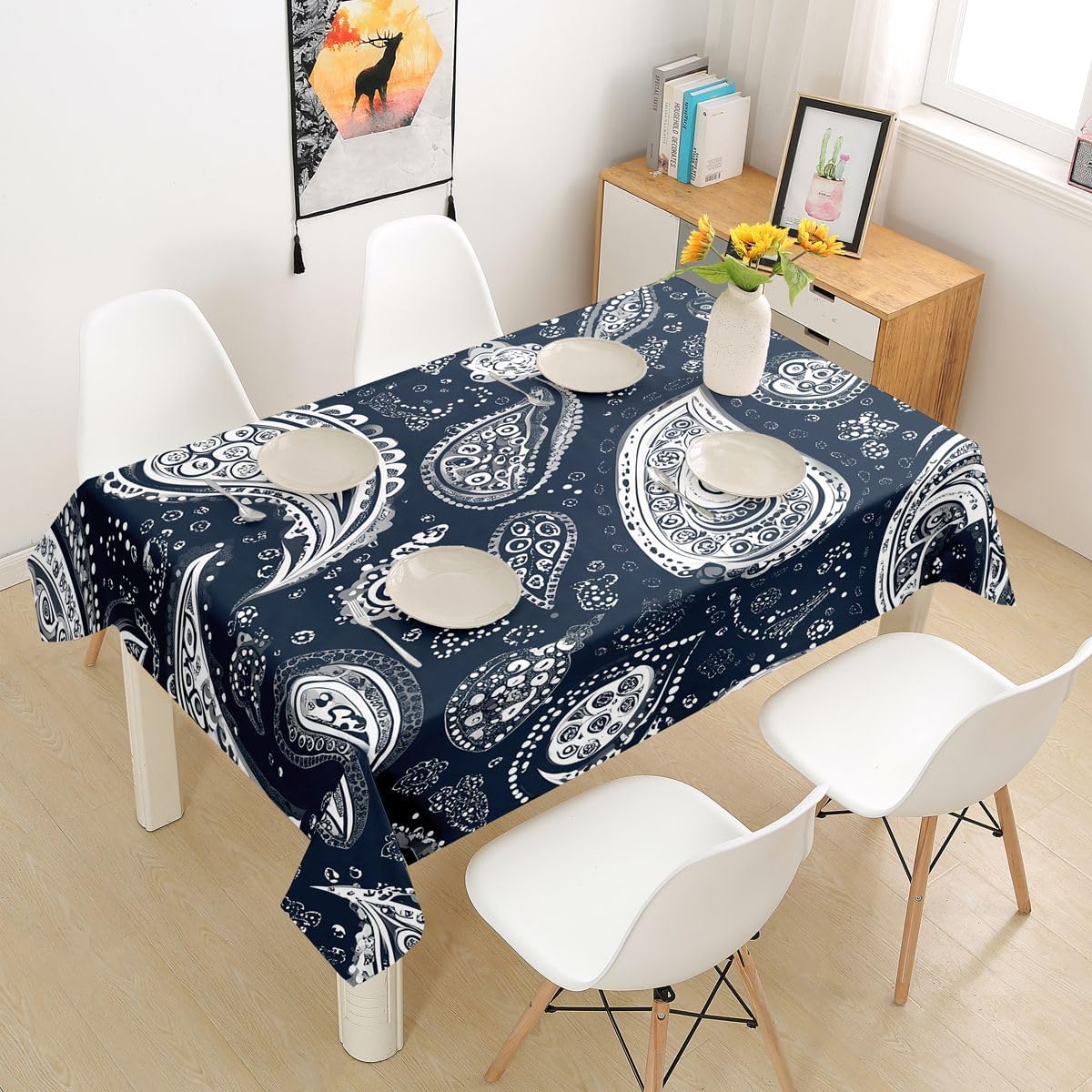 Manfei Paisley Flower Tablecloths,Polka Dot Stripe Stitching Table Cover,Luxury Geometric Retro Table Cloth,Purple Grey Table Accessories for Kitchen,Round 55" image 4