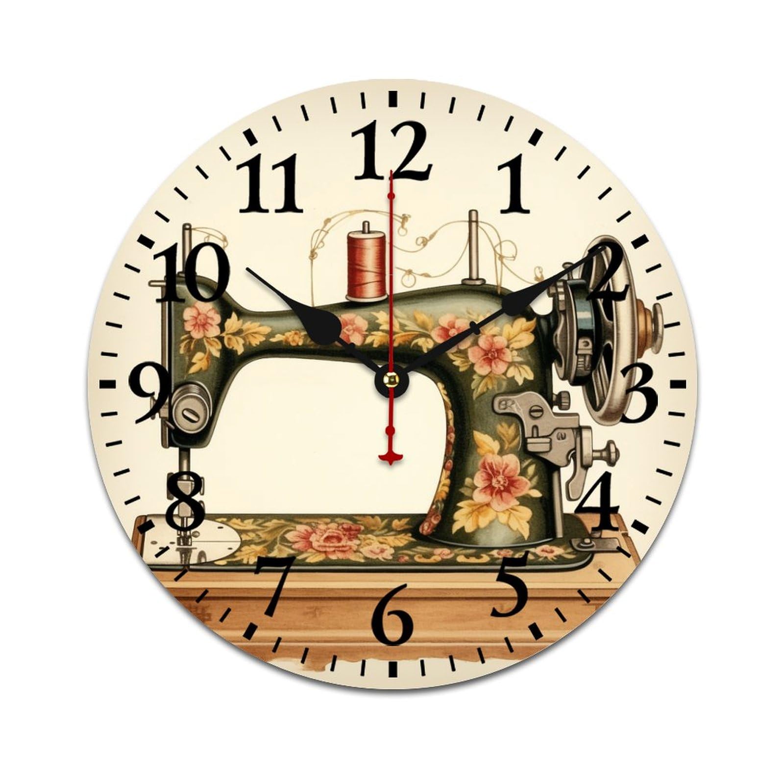 HighonHi Vintage Sewing Machine Wooden Wall Clocks Birthday Anniversary Housewarming Gift Wooden Quartz Movement Home Office School Decoration Arabic Numbers 10 Inch Round
