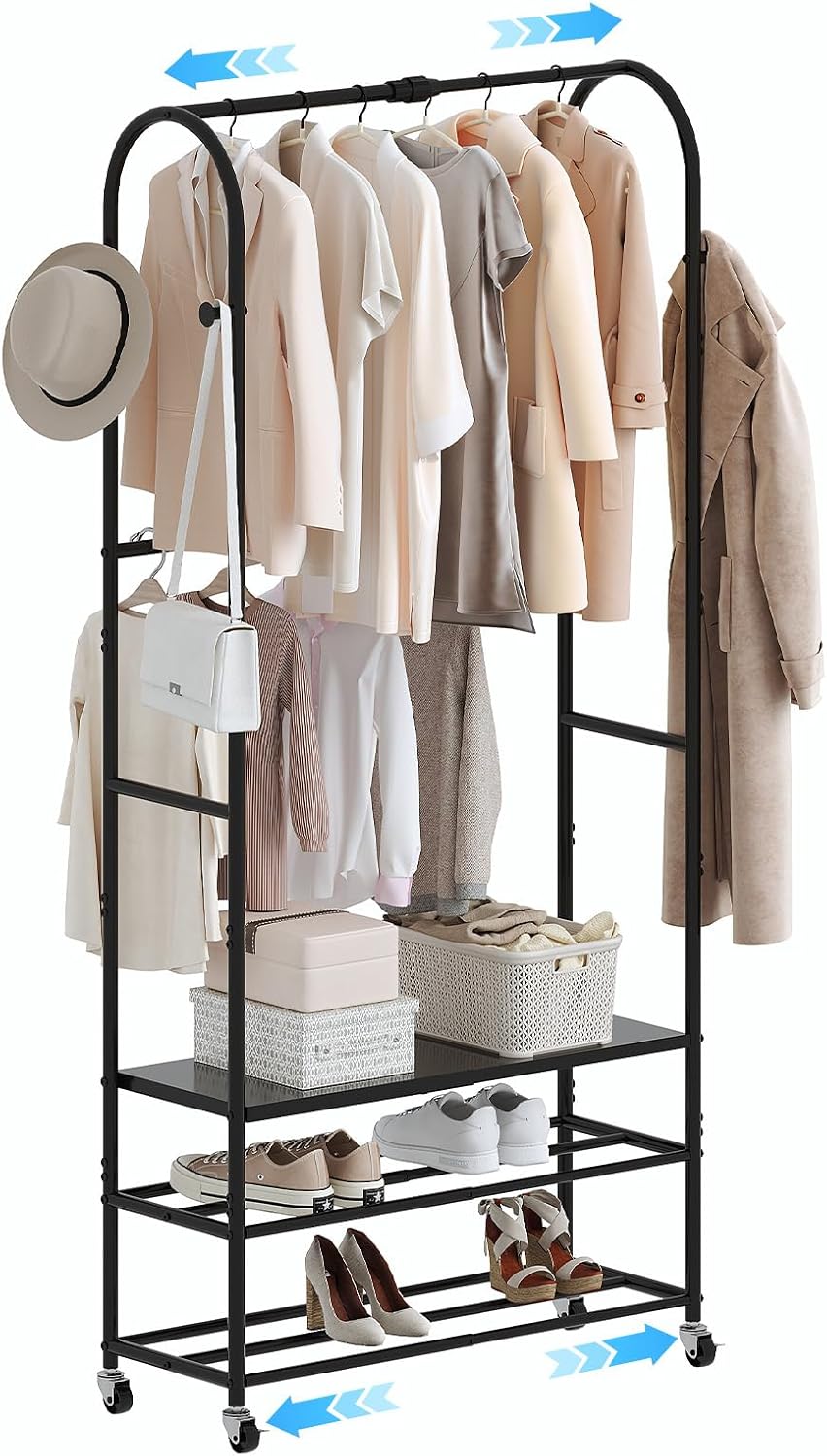 Clothes Rack with Shoe Shelf, Expandable Garment Rack 17.7"-29.1", Freestanding Clothing Rack with Shelves and Hooks, Closet Organizer for Bedroom, Laundry Room, Entryway, Small Space Storage
