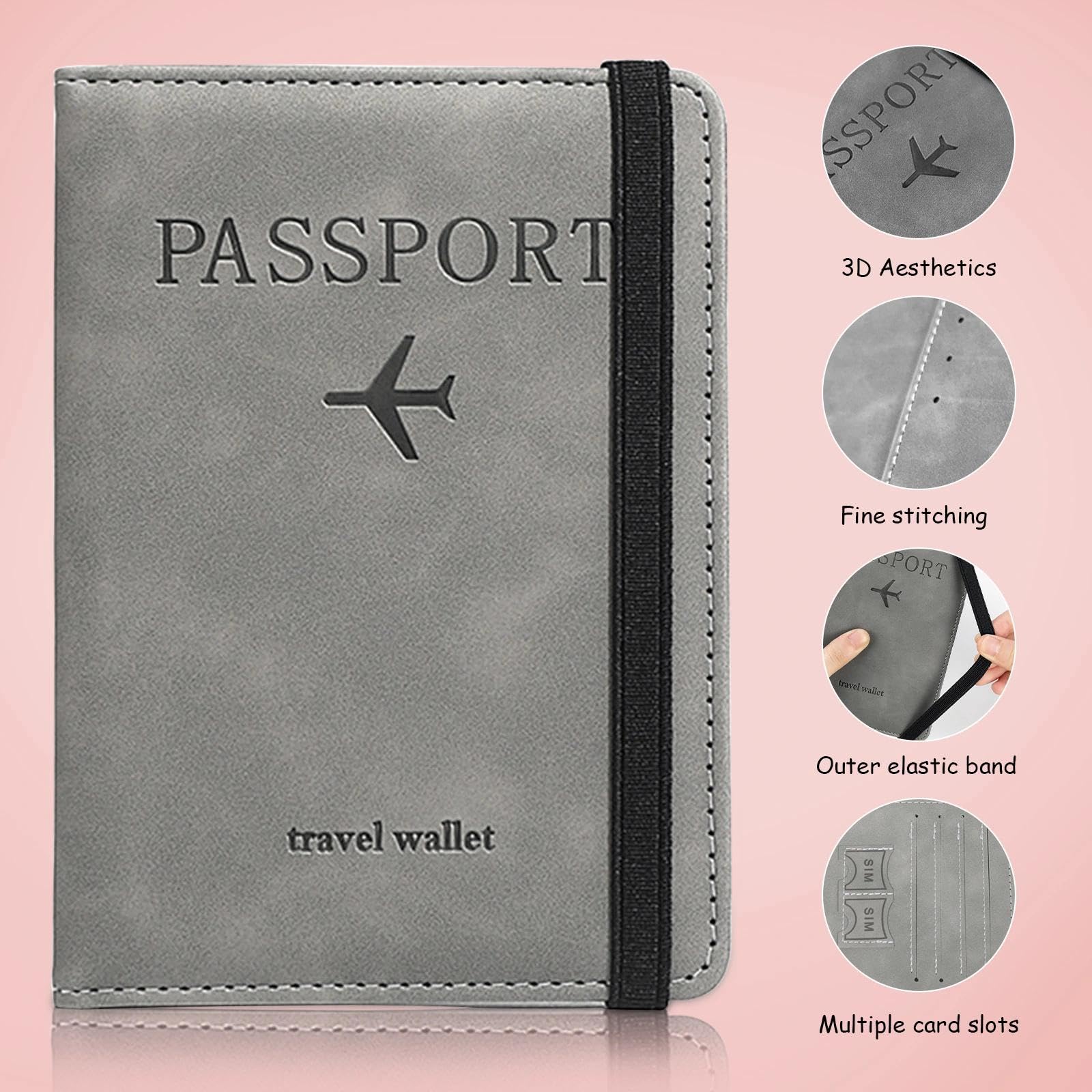 Lot de 2 Protege Passeport Pochette Passeport avec Blocage RFID Porte Passeport Etui Pochette Voyage PU Cuir Protection Cover pour Carte de CréDit, Carte Bancaire Argent (Rose, Gris)