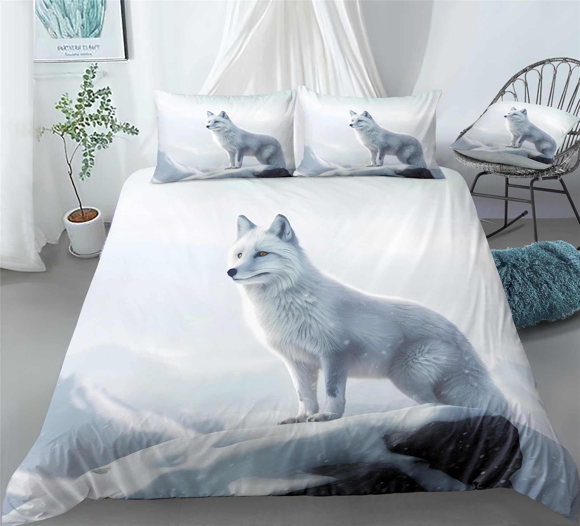 REALIN Cartoon Arctic Fox Animals Prints Duvet Cover Set White Fox Animals Bedding Bed Sets 3/4PCS Quilt Covers/Sheets/Pillow Shams,Single/Double/King Size (C,Single-140×210cm-3PCS)