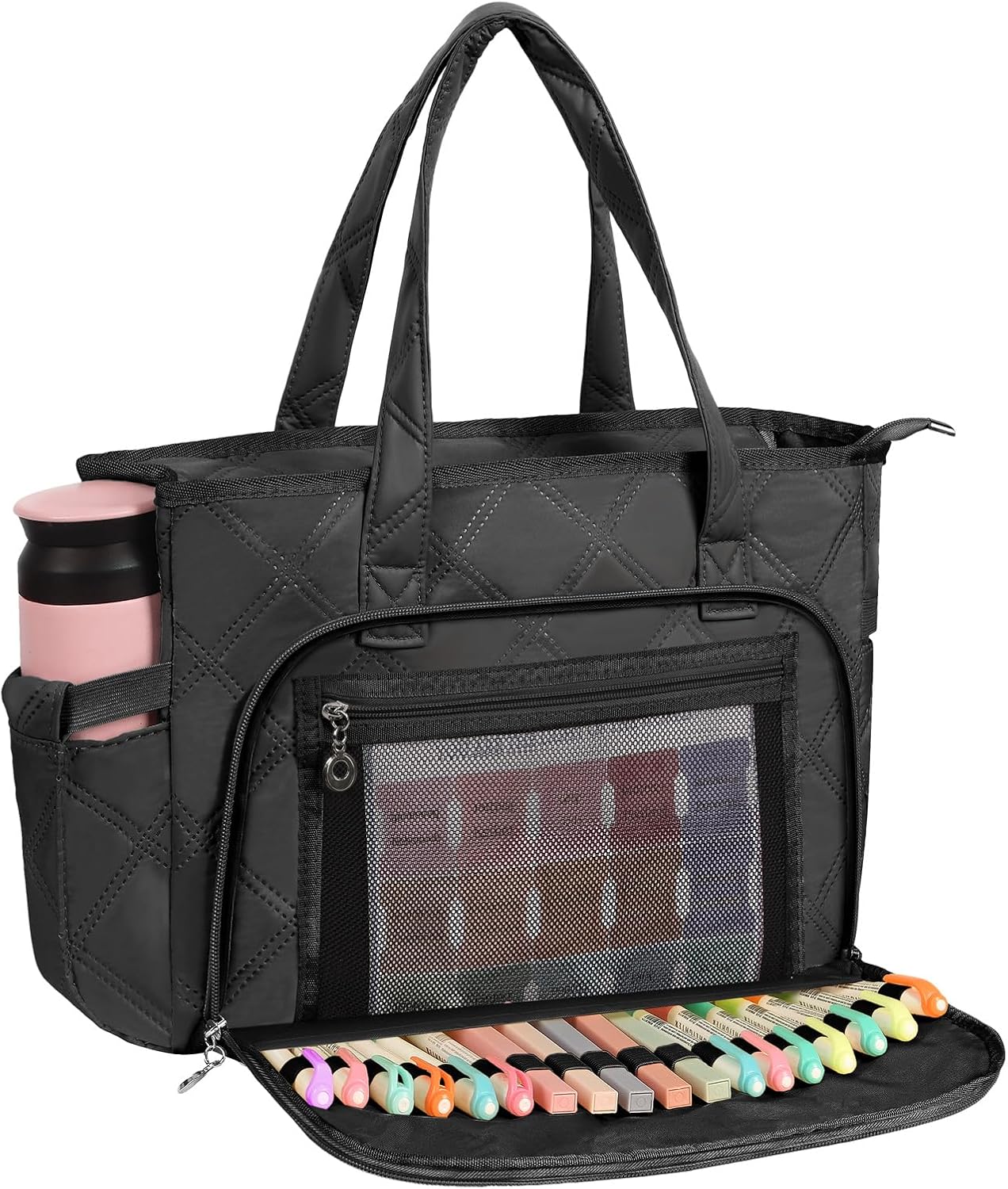 WOBAGMEN Teacher Tote Bags for Women, 14-15 inch Laptop Work Tote Bag Lightweight Quilted Bible Bag Nurse Shoulder Handbag for School Travel,with Insulated Pocket,Chiristain Gift for Women(PINK, M)