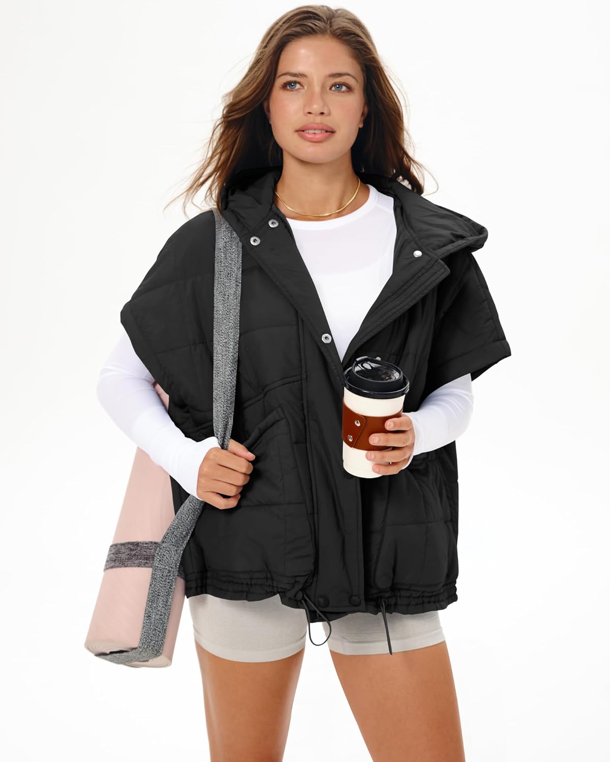 Gacaky Quilted Vest for Women Oversized Stand Collar Cap Sleeve Puffer Jacket Warm Button Zip Up Hoodies Coat Outwear - Image 6