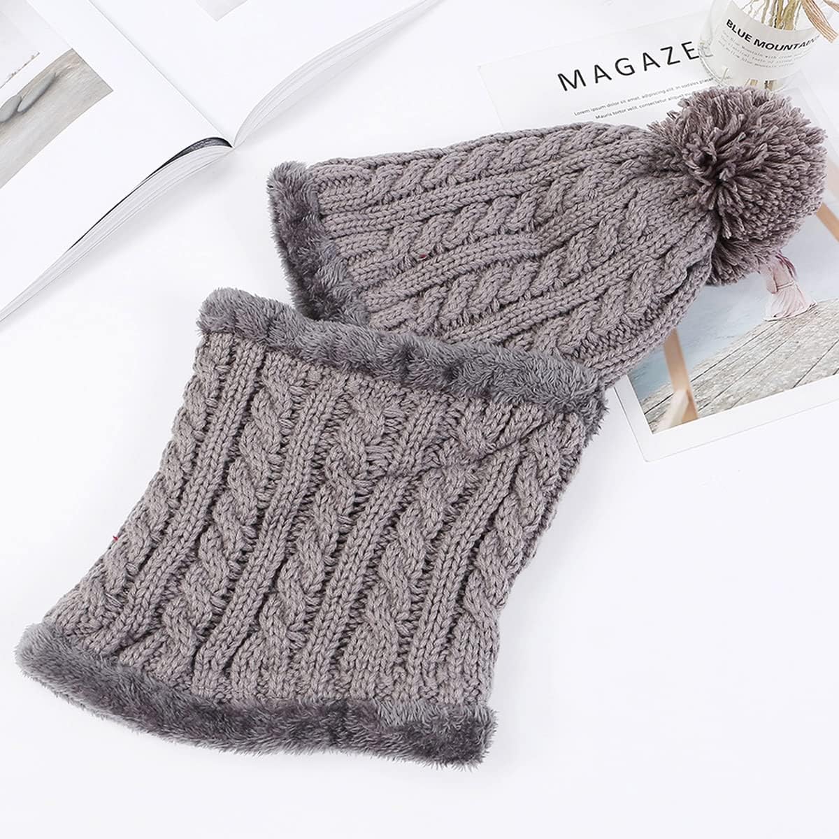 HUAMULAN Women Winter Beanie Hats One Piece Fleece Lined Knit Balaclavas Mask Set Skull Neck Circle Scarf Ski Snow Hat Pompom - Image 7