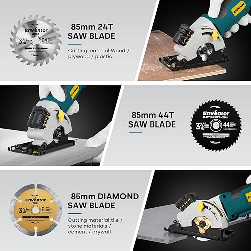 Miniatura 5 de Enventor Mini Sierra Circular, Sierras Circulares Eléctricas de 4.8A con Cable con Guía Láser, 4000RPM, 3 Hojas de Sierra, Profundidad Máxima de
