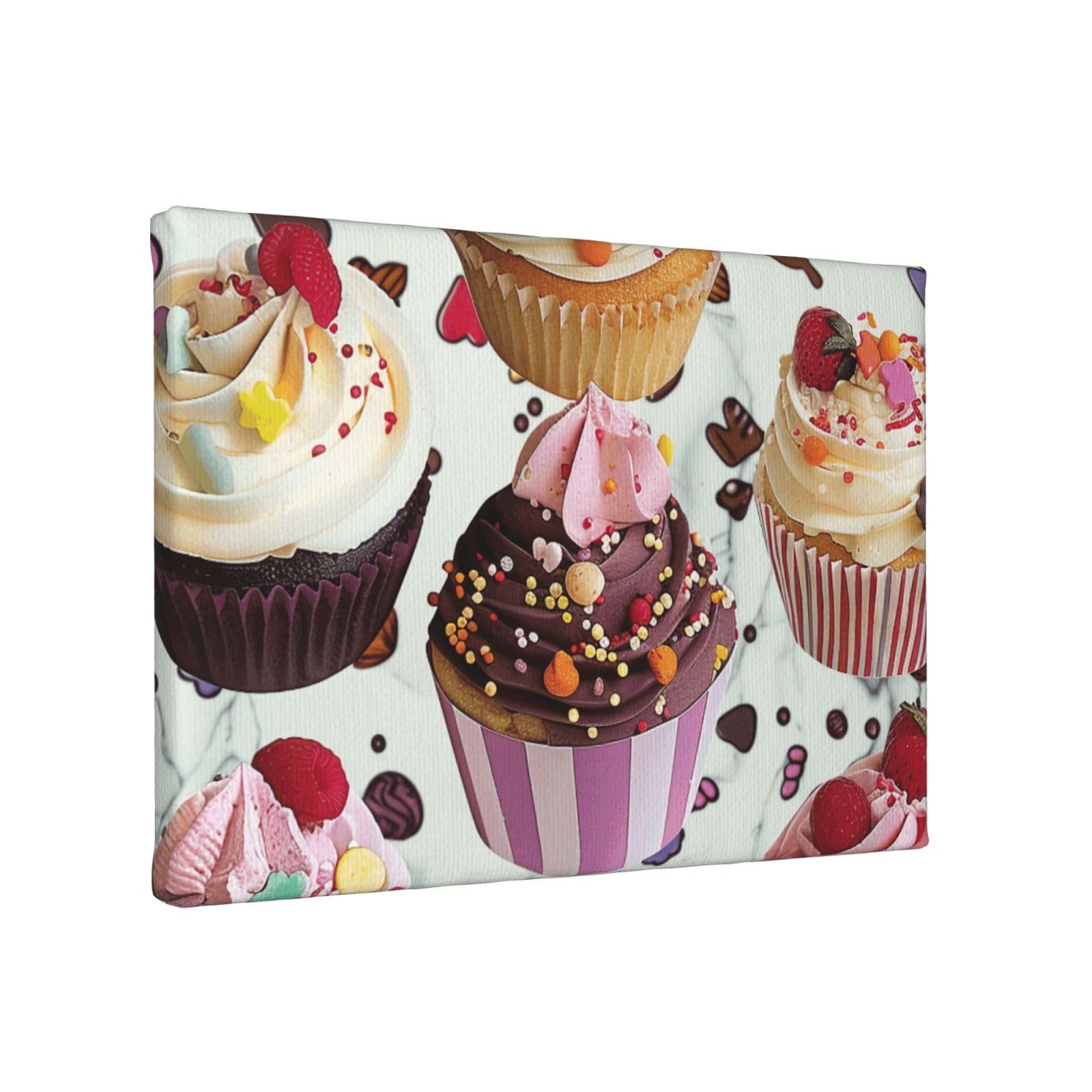 YKLJG Delicious Cupcakes Printed Wall Art Canvas Painting 30x20 CM Wooden Framed Picture Painting Artwork Prints for Bedroom Kitchen Home Office Decor