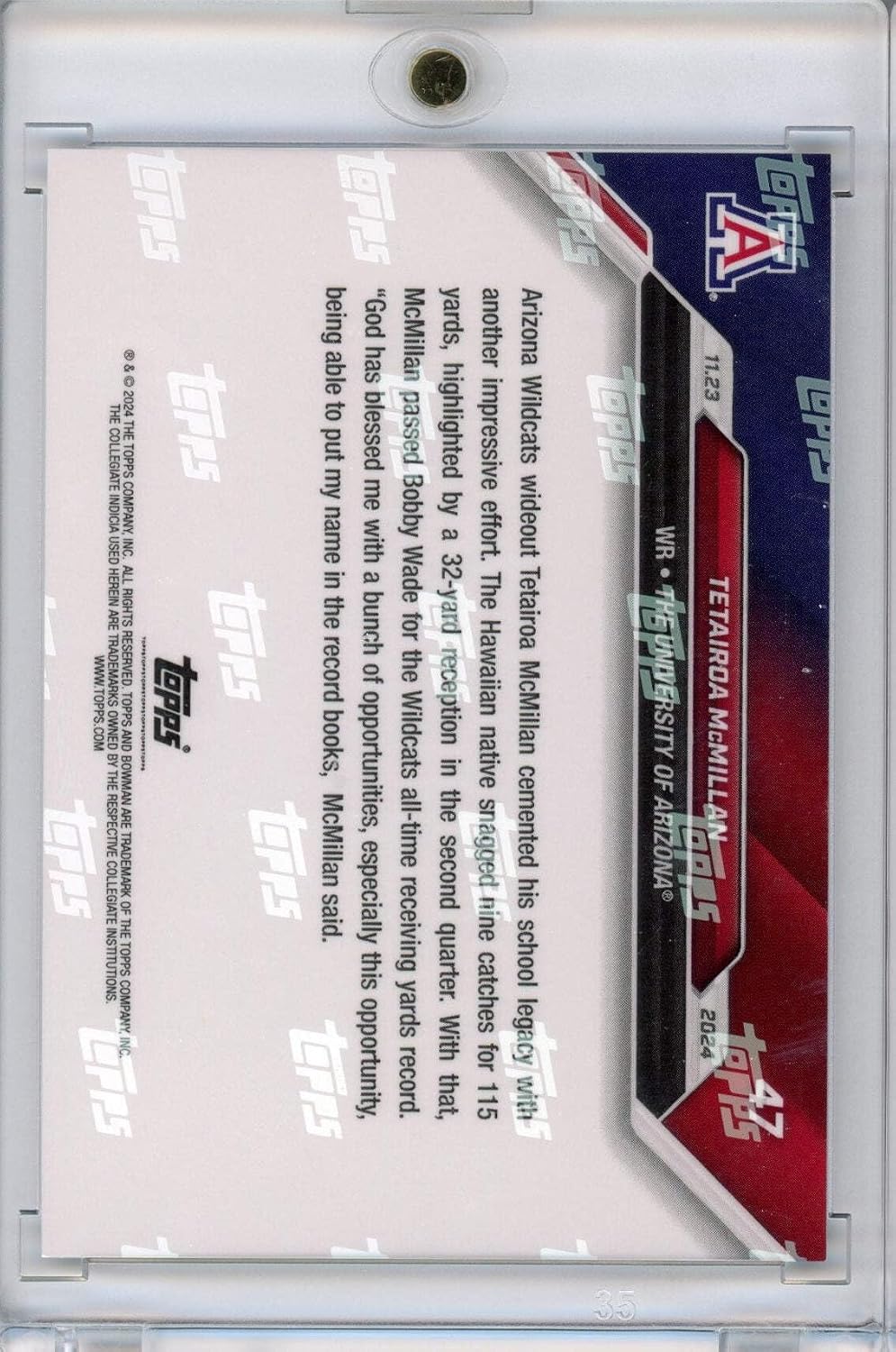 2024 Topps Bowman U Now Tetairoa McMillan #47 Purple #/25 Arizona Wildcats Football Card