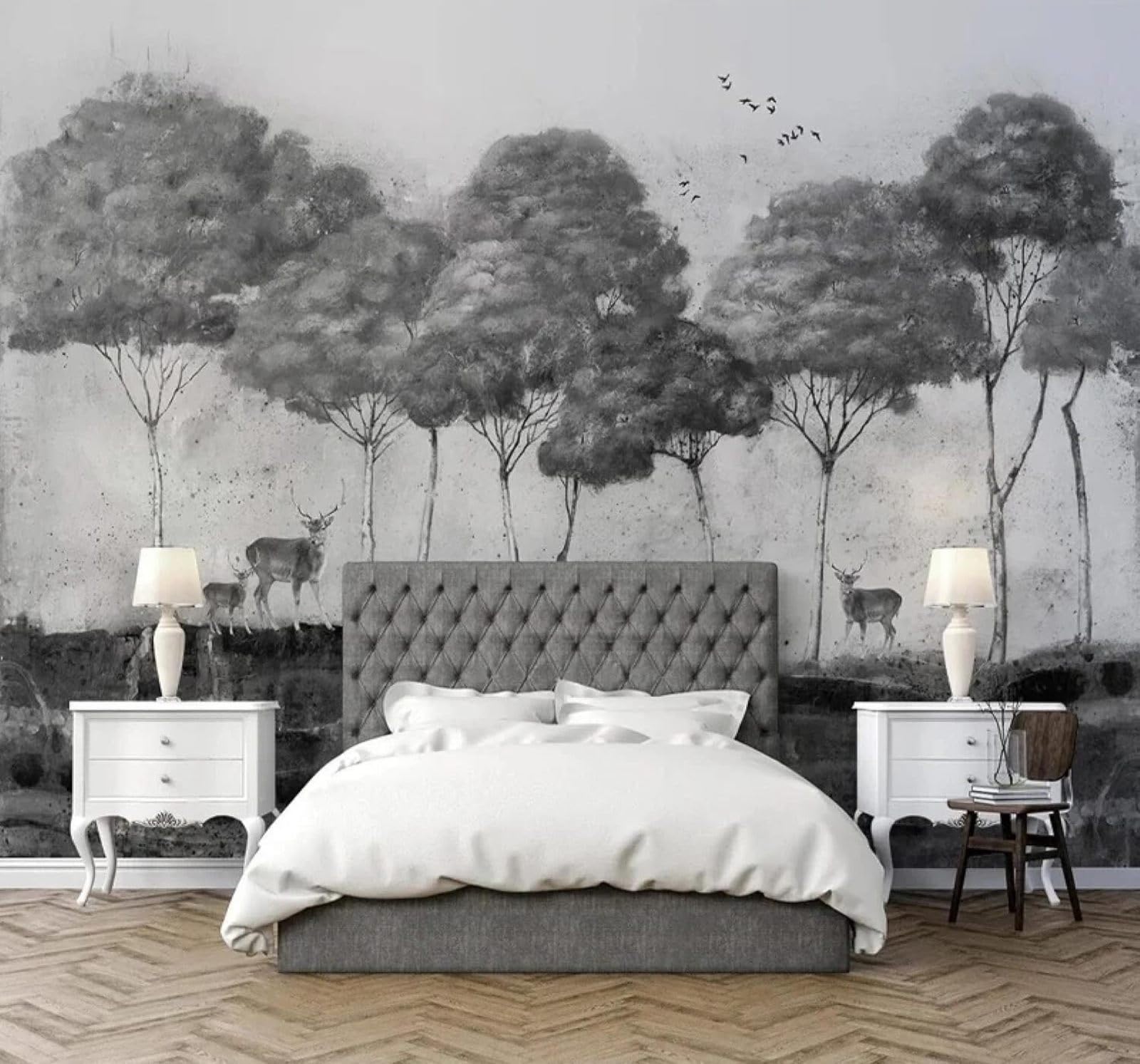 XLMING Hand Drawn Black and White Reindeer Woodland Landscape 3D Wallpaper Luxury Silk Study Dining Feature Sofa Grey Bedroom Living Room Tv Decorative Wall-430cm×300cm