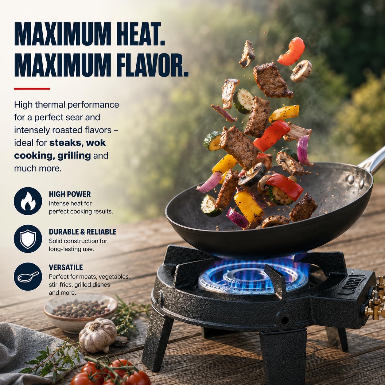 Royal Swiss Hornillo de gas 3 grifos Potente y estable de hierro fundido, cocina 9 kW, facilidad, quemador de gas de exterior potente para cocinar y asar
