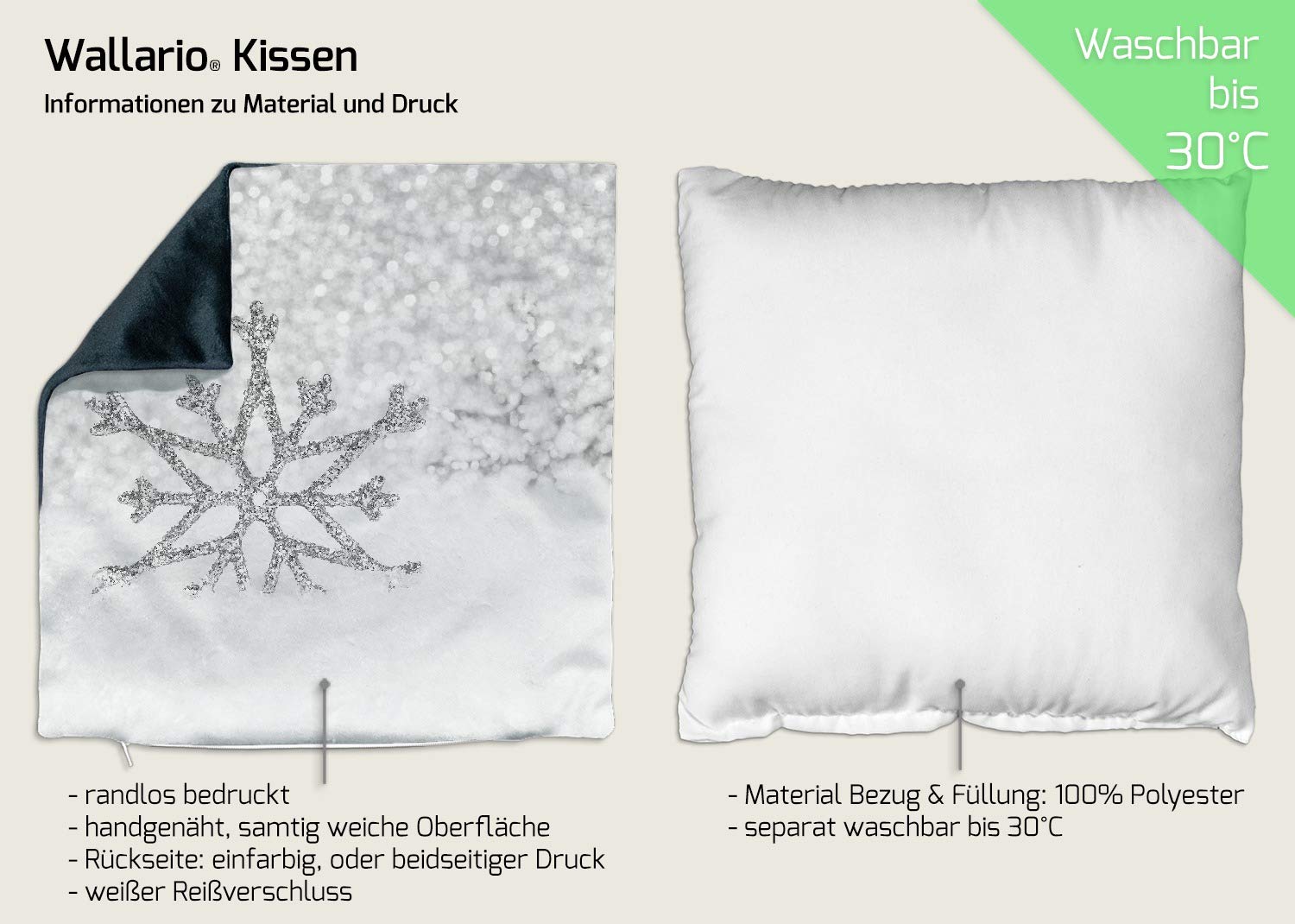 Wallario Dekokissen 30 x 30 cm, Silberne Schneeflocken, beidseitig Bedruckt, Kuschelkissen mit weicher Plüsch-Oberfläche