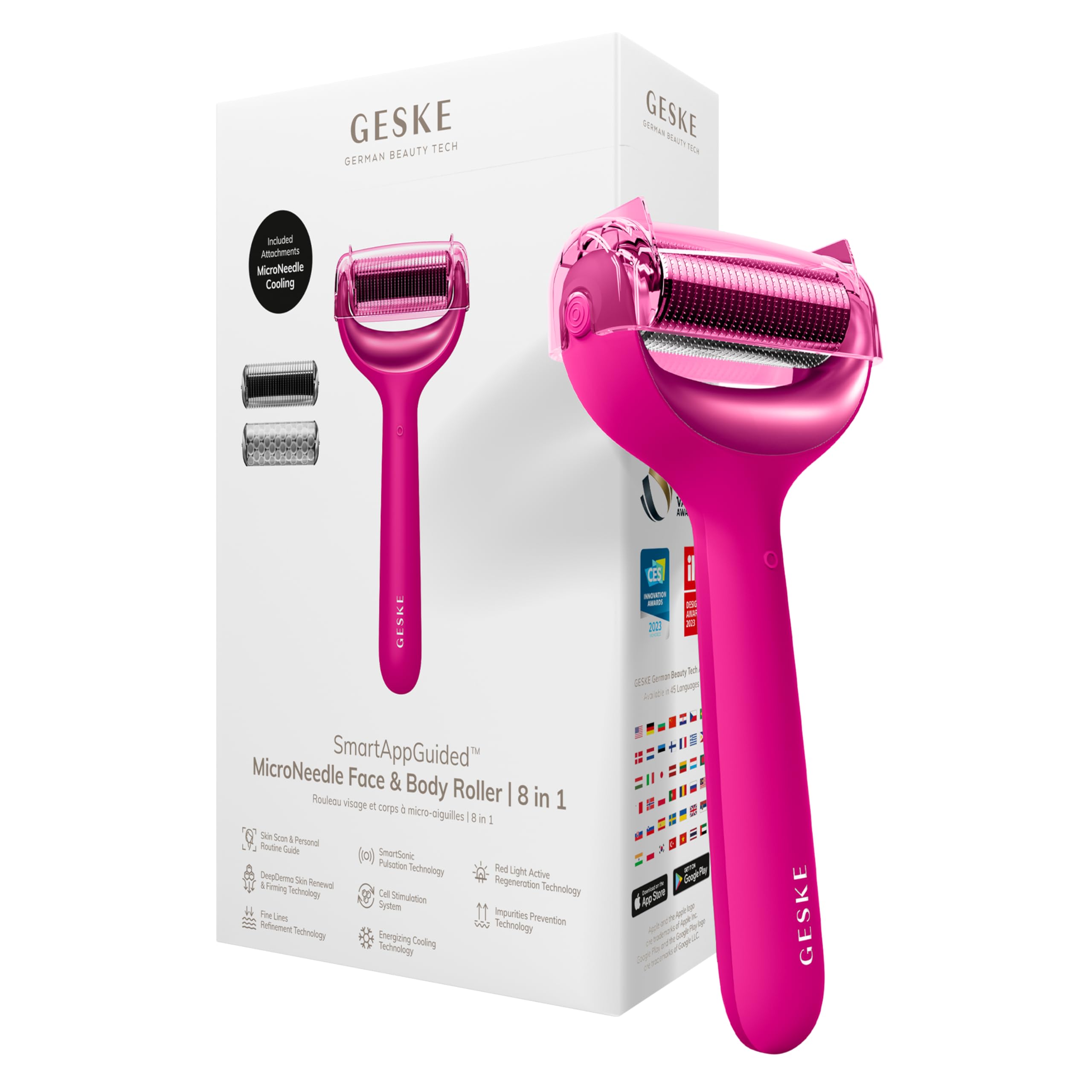 GESKE | Roller do twarzy i ciała z mikroigłami SmartAppGuided™ | 8 w 1 | Derma Roller | Elektryczny roller | mikronakłuwanie | Urządzenie do mikronakłuwania | wałek igłowy | wałek igłowy