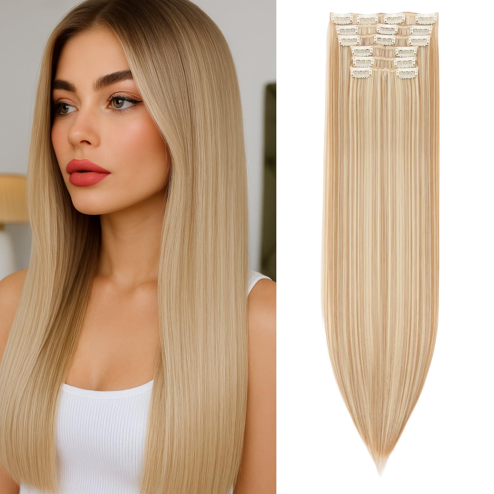 Benehair 24" Clip in Hair Extensions Full Head 6 Pcs 16 Clips Long Straight Hair Extensions Clip in Synthetic Fiber Natural Extension Hairpiece for Women(Ash Brown with Blonde