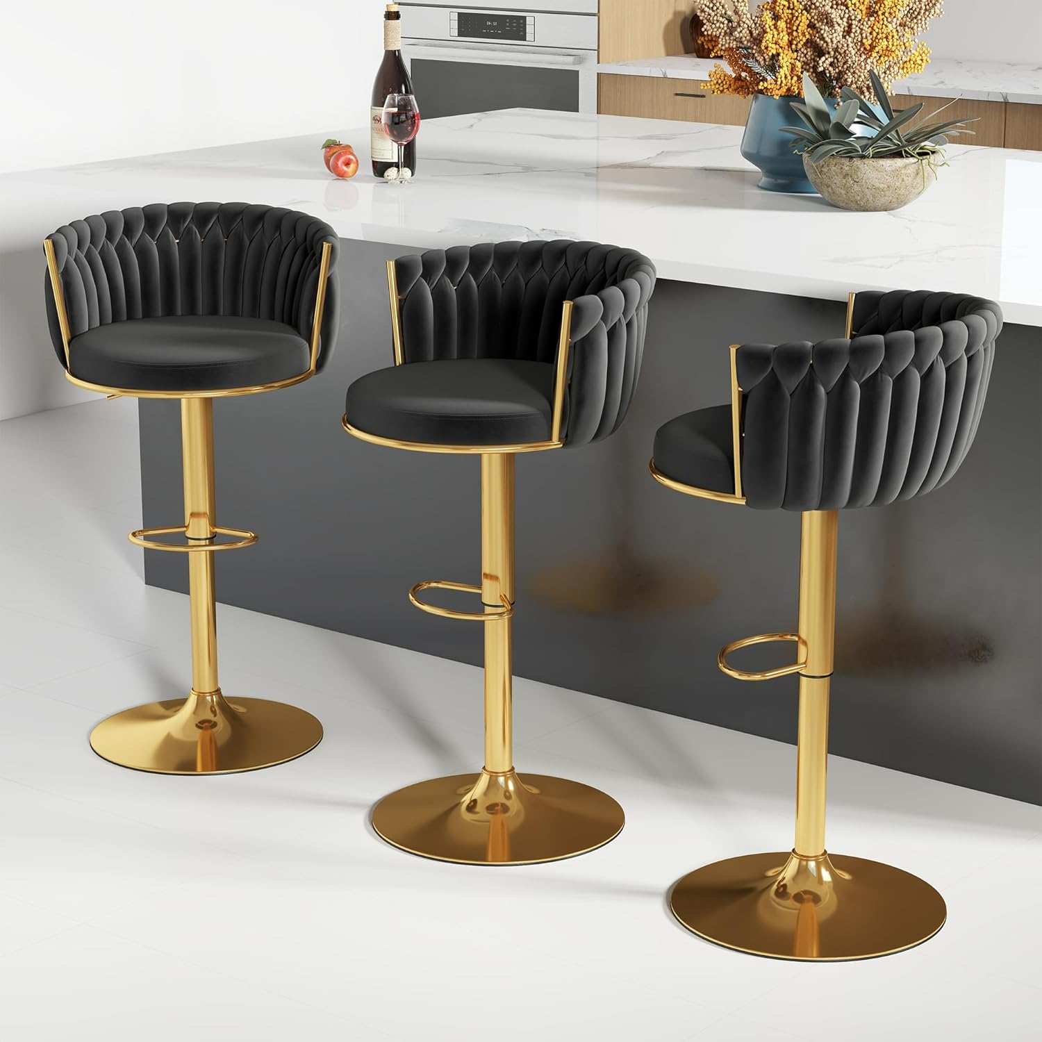 ABET Gold Bar Stool Set of 3, Height-Adjustable Swivel Counter Stools