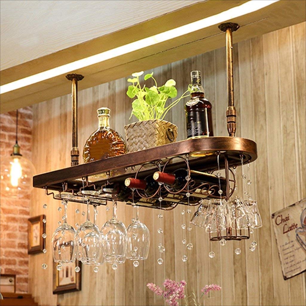 Casier à vin inversé et porte-verre suspendu rétro fer et bois 60cm