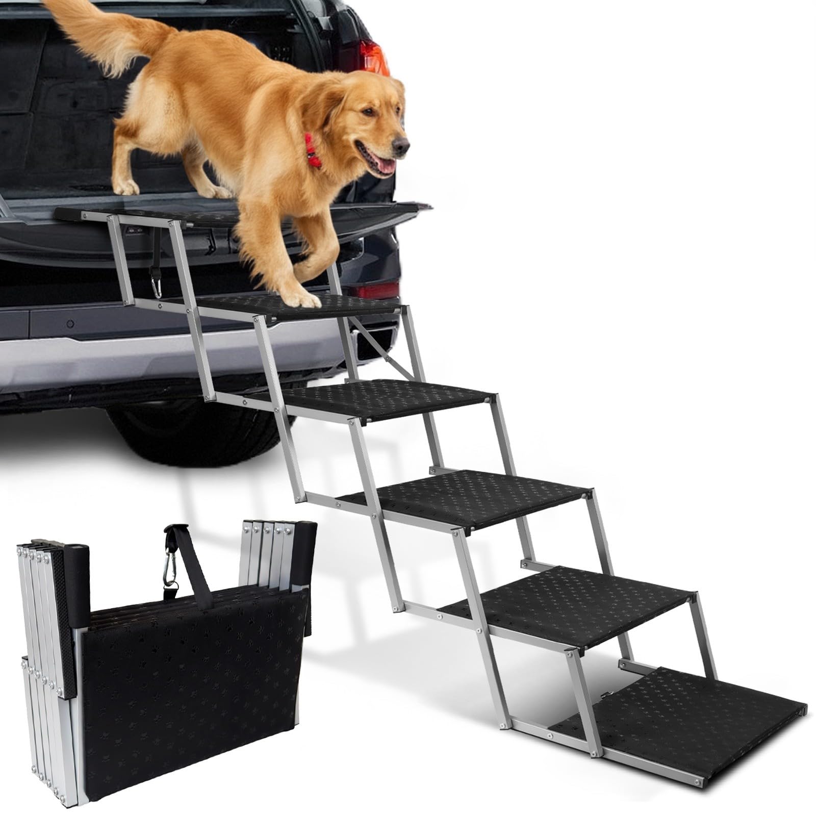 Escalier pour Chien 6 marches Pliable Aluminium léger Charge 113kg Surface antidérapante Extra Larges pour Voiture SUV Camion Argenté