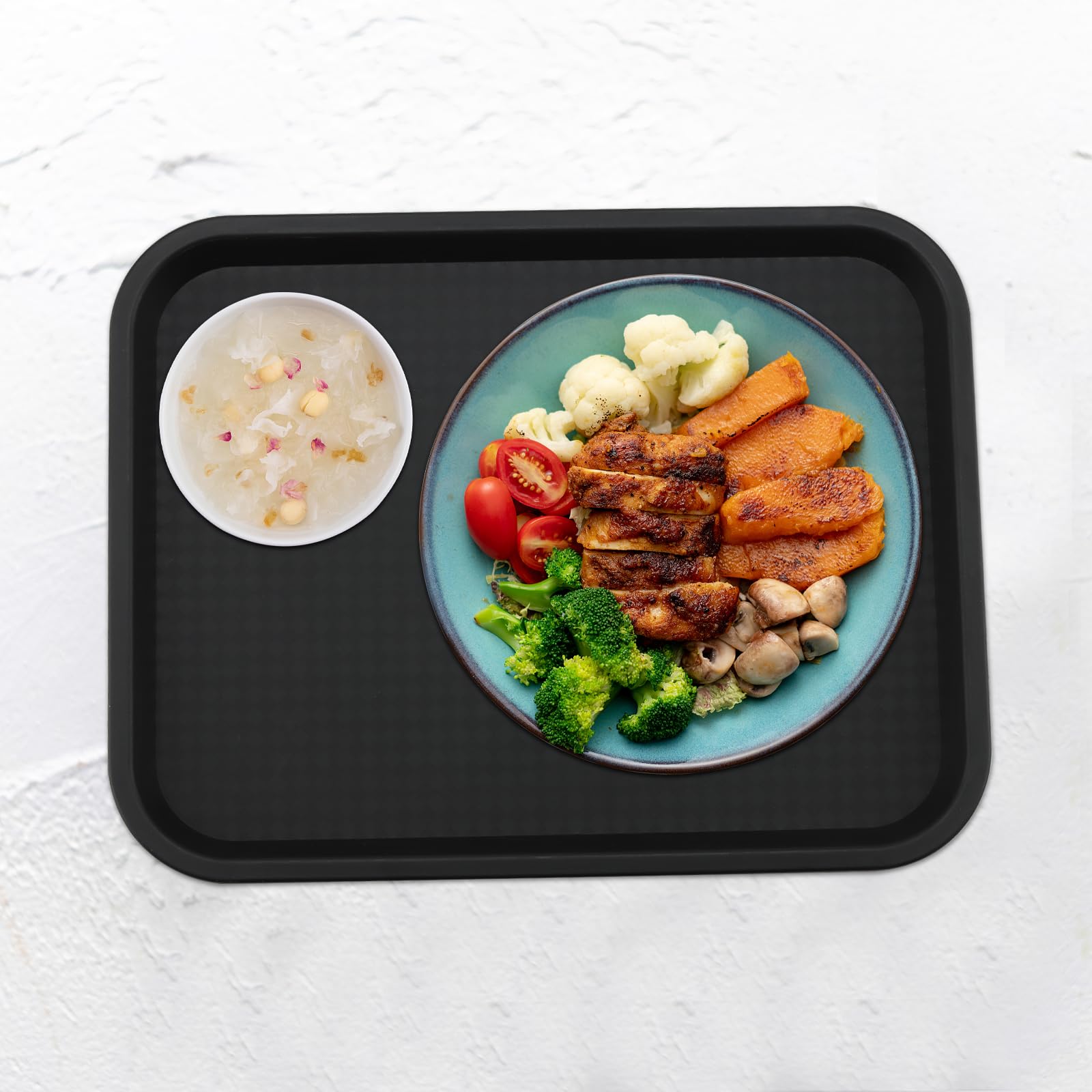 Paquete de 18 bandejas de plástico negro para comida rápida, 35 x 27 cm, bandeja grande de plástico para servir restaurante, cafetería, cocina, fiesta, cafeterías