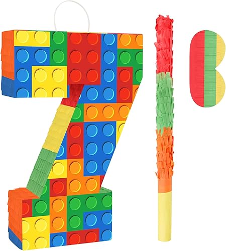 Miniatura 16 de Decoraciones de fiesta de cumpleaños de bloques de construcción para el tercer cumpleaños Número 3 Piñata con palo de piñata y venda para los ojos