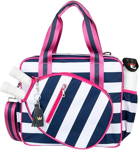 Miniatura 12 de Linda bolsa de pickleball Prepster para mujeres con gancho para cerca, bolso con bolsillos para botella de agua, palas, pelotas, accesorios