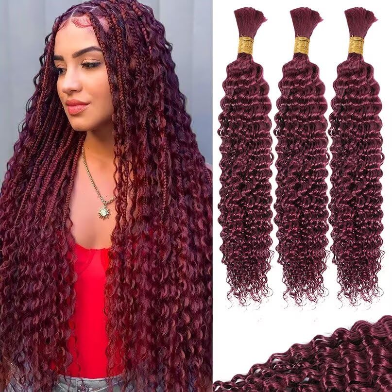 99J Burgundy Red Human Braiding Hair for Boho Braids 3 Bundles 20 Inch 100g 12A Deep Wave Braiding Hair for Bohemian Knotless Braids 100% Unprocessed Brazilian Virgin Bulk Hair Extensions No Weft