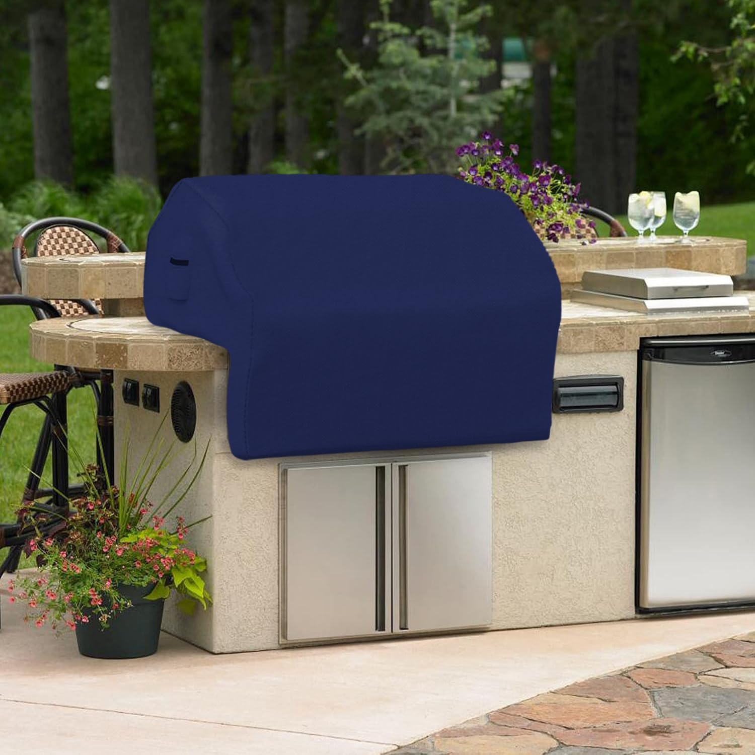 Covers & All Built-in Grill Cover for Outdoor Grill – Heavy Duty 12 oz Waterproof Built-in BBQ Grill Cover, PVC-Coated Polyester with Elastic Hem for Snug Fit (32 x 26 x 24 inches, Blue)