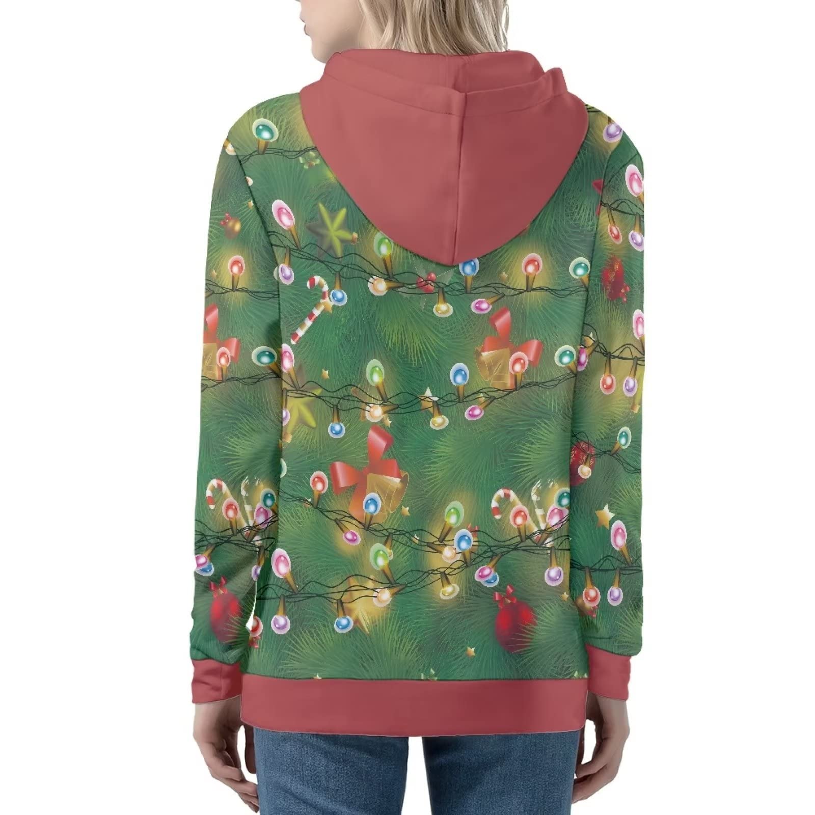 Xoenoiee Świąteczna damska bluza z kapturem zapinana na zamek bluza kurtki z długim rękawem koszula plus size z kapturem wygodna dziewczęca odzież uliczna, Sztuczne dwuczęściowe lampki świąteczne, XS