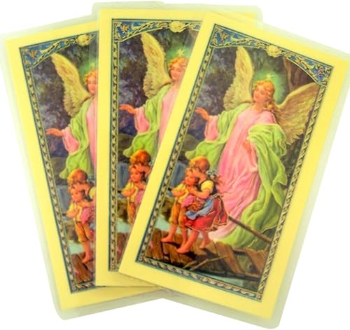 Tarjeta sagrada laminada de ángel de la guarda con los niños con oración en la parte posterior, paquete de 3