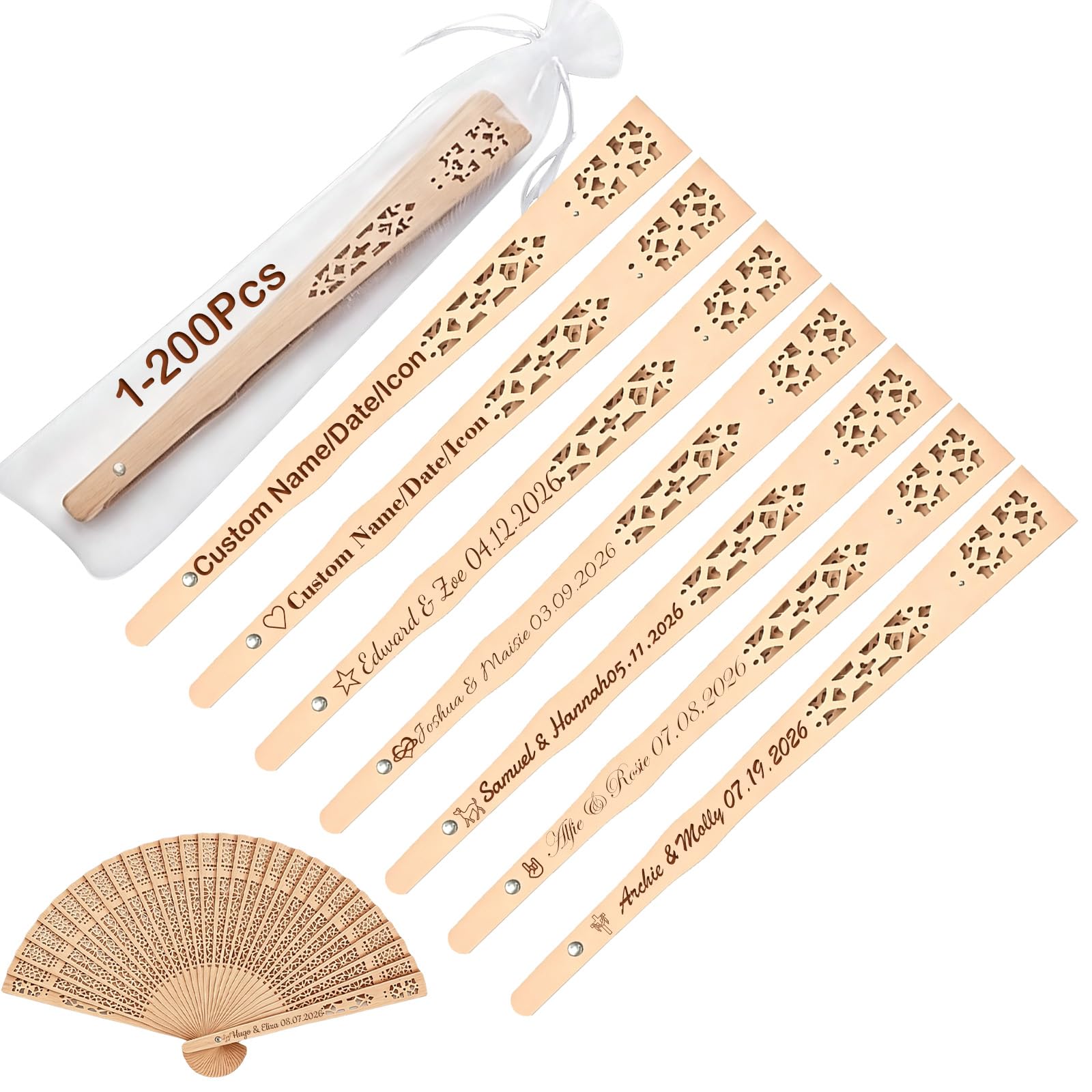 ZFN Personalised Wedding Hand Fans, 1-200 Pcs Custom Engraved Wooden Folding Hand Fan with Name/Date Vintage Wood Handheld Fans Bulk for Wedding Favours, Summer Party Shower (Wood color 03)