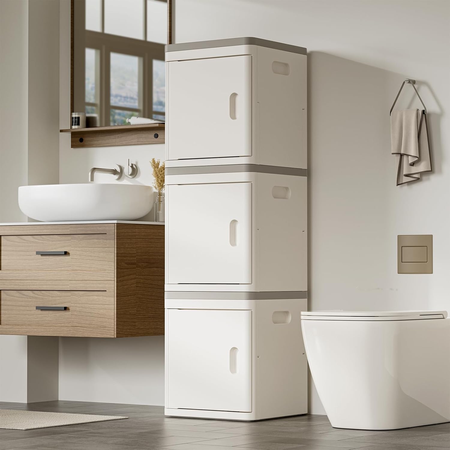 HAIXIN Storage Cabinet 3 Tier - Tall Narrow Bathroom Cabinet with Magnetic Door Toilet Paper Storage Cabinet Plastic Stackable Organizer for Restroom Kitchen