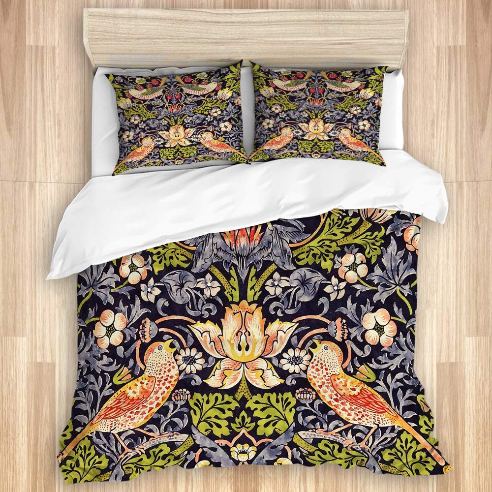 PONIKUCY bedding Duvet Cover Set,strawberry thieves by william morris vintage art,Microfibre Duvet Cover Set 200 * 200cm with 2 Pillowcase 50X80cm