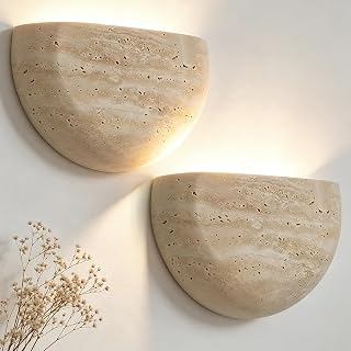 Natural Travertine Wall Sconce Set of 2 Half Moon Hardwired G9 Stone Lights | 7.87" Up/Down Facing Stone Wall Lights for Bedroom Living Room Hallway Foyer Organic Modern Wabi Sabi Japandi Warm Home Decor