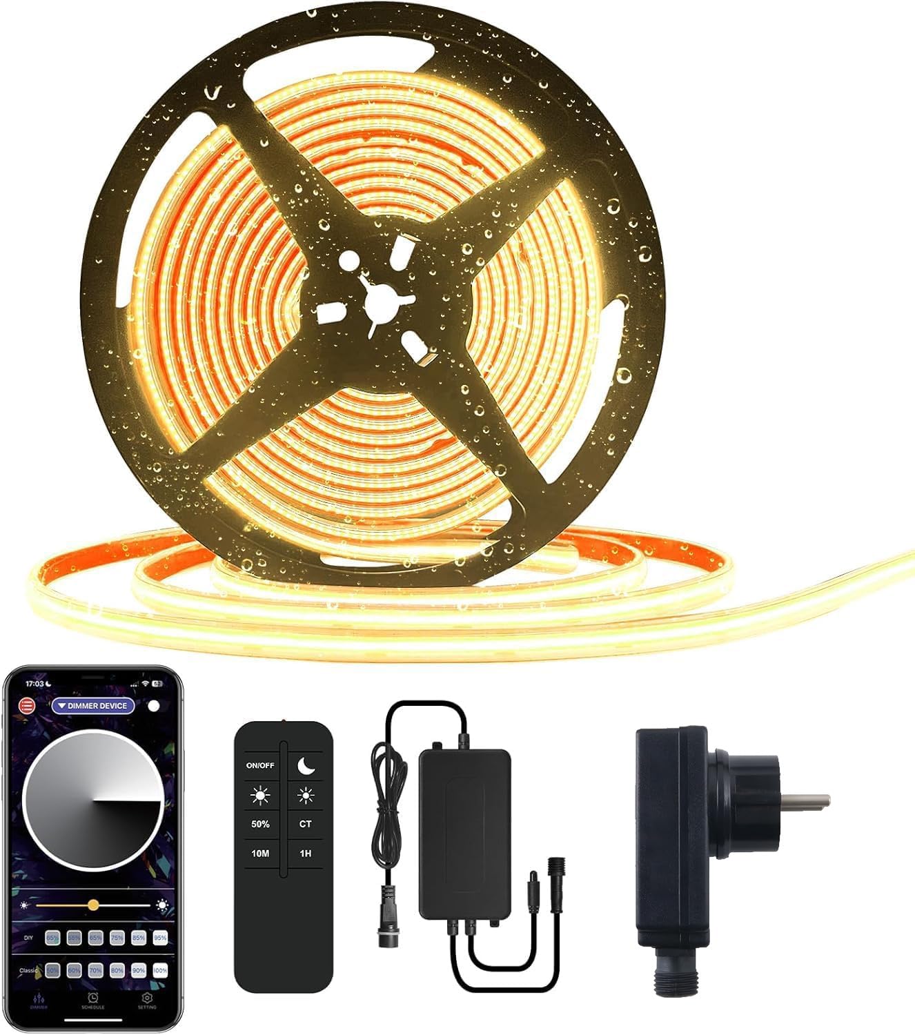 COB LED Streifen Aussenbereich 6M Warmweiß IP67 wasserdicht | Outdoor 24V dimmbar mit App&Fernbedienung,Außen Lichtband Selbstklebend, für Garten,Terrasse,Pavillon,Weg,Traufe Deko,Pool