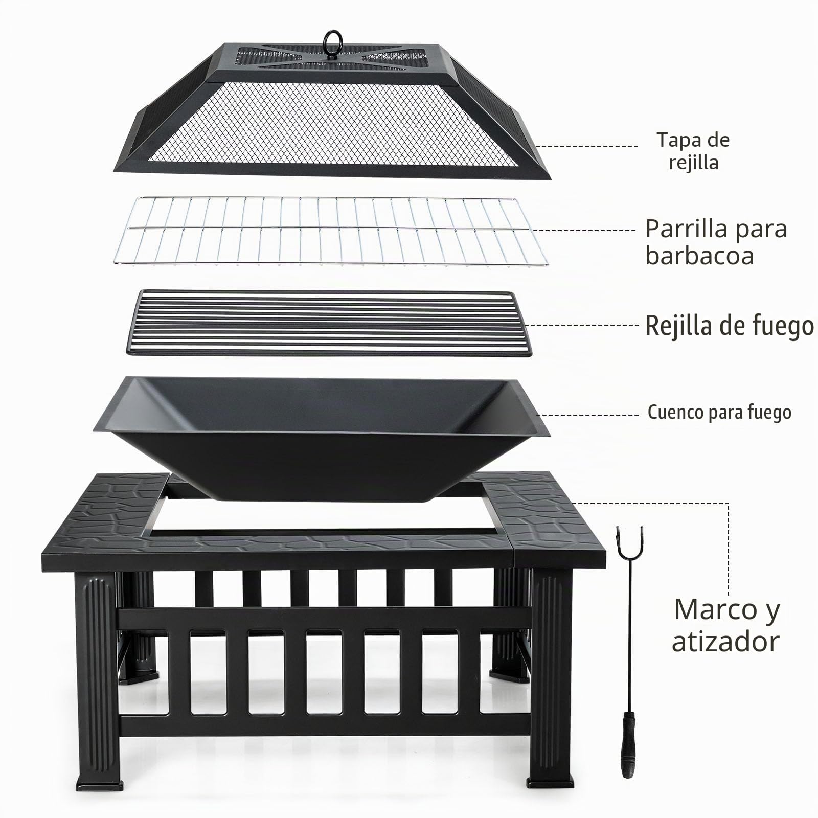 KOMFOTTEU Brasero Exterior 3 en 1, 81 x 81 cm, Mesa para Hoguera con Atizador, Rejilla para Leño, Rejilla para Barbacoa, Pozo de Fuego Metálico con Protección contra Chispas, Picnic Camping, Negro
