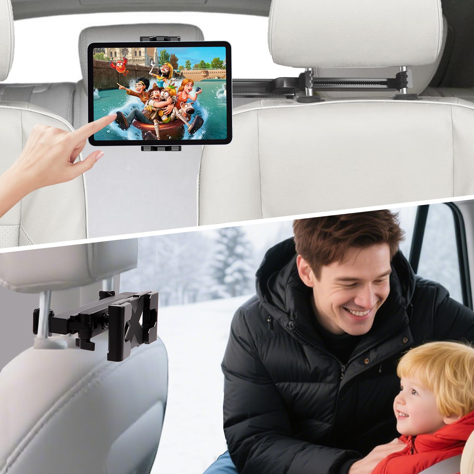 Uchwyt na tablet na zagłówek samochodowy [trójkątne ramię przedłużające 3 w 1] uchwyt samochodowy na tylne siedzenie Road Trip Essentials dla dzieci, uchwyt samochodowy na iPada do tabletów i