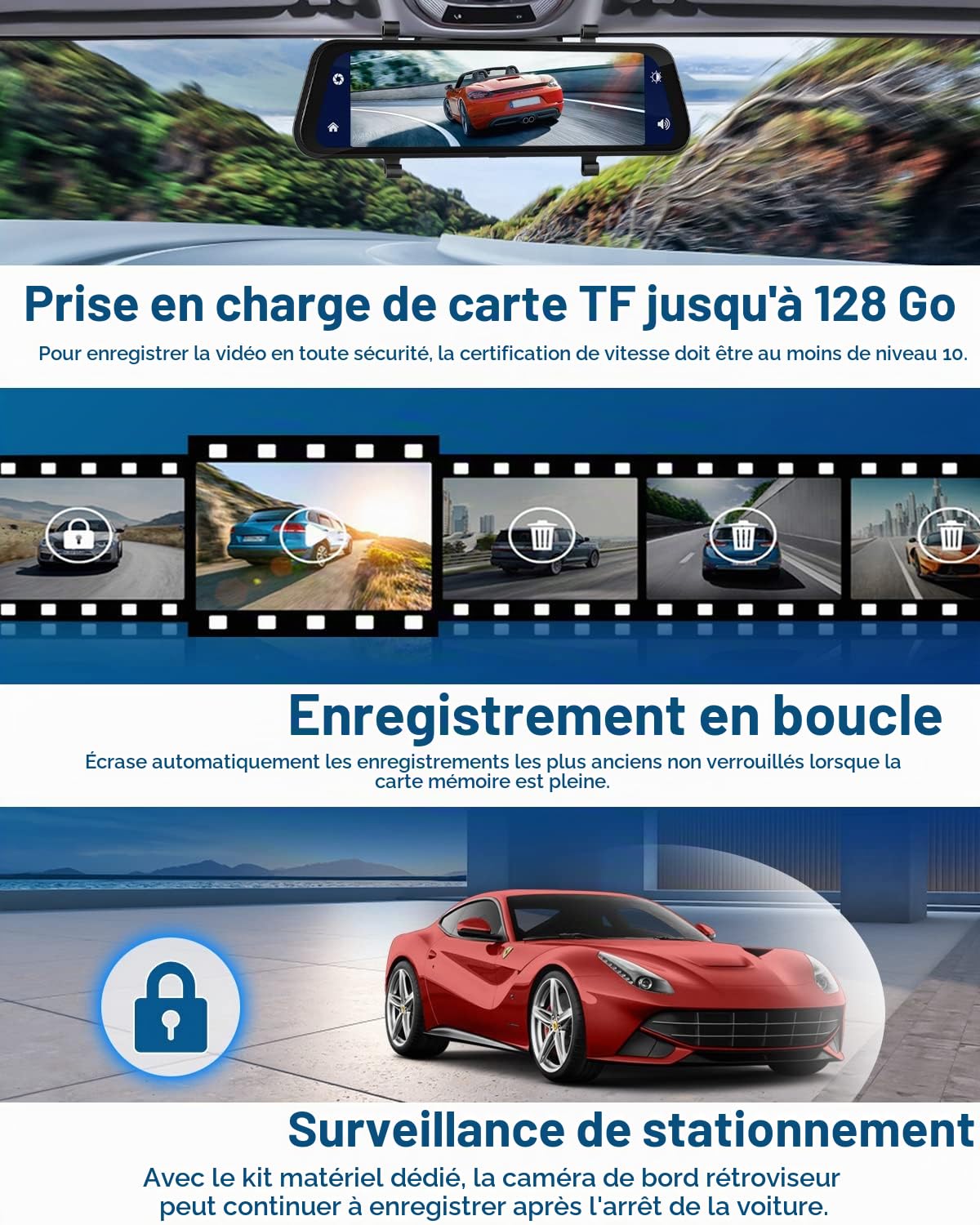 Dashcam Voiture Rétroviseur 9,66'' Carplay Android Auto | Caméra de Recul, Commande Vocale GPS Night Vision, Enregistrement Boucle Capteur G Surveillance Stationnement, SD 32G