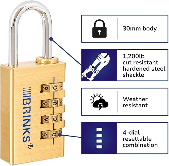 BRINKS - 30mm Solid Brass 4-Dial Resettable Padlock - Chrome Plated with Hardened Steel Shackle, 2 Pack