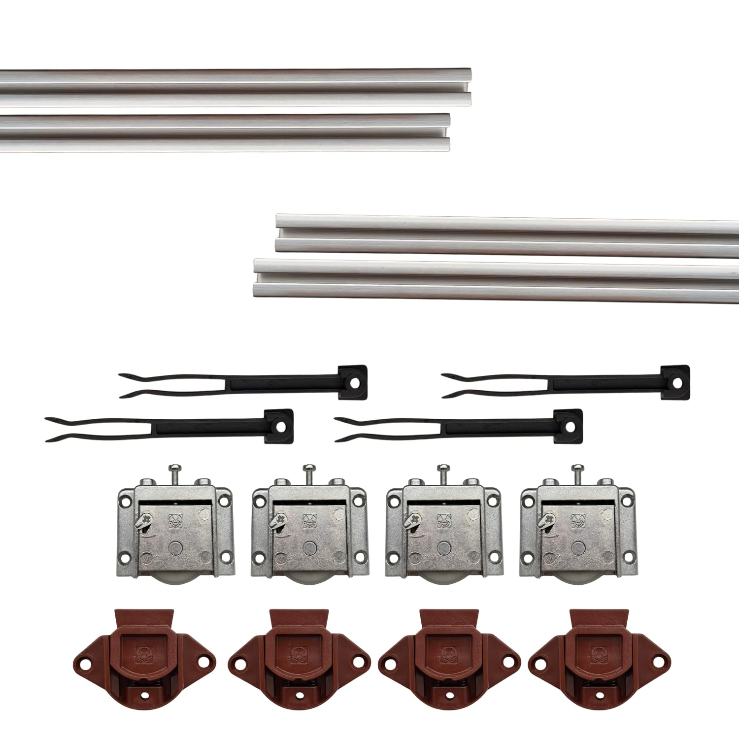 Evotrade Sistema de Herrajes para Puertas Corredizas para 2 o 3 Hojas - Riel de 2 METROS + Carretillas - Color a Elección - Peso Máximo por Hoja 55KG (2 Hojas, Riel de Aluminio)