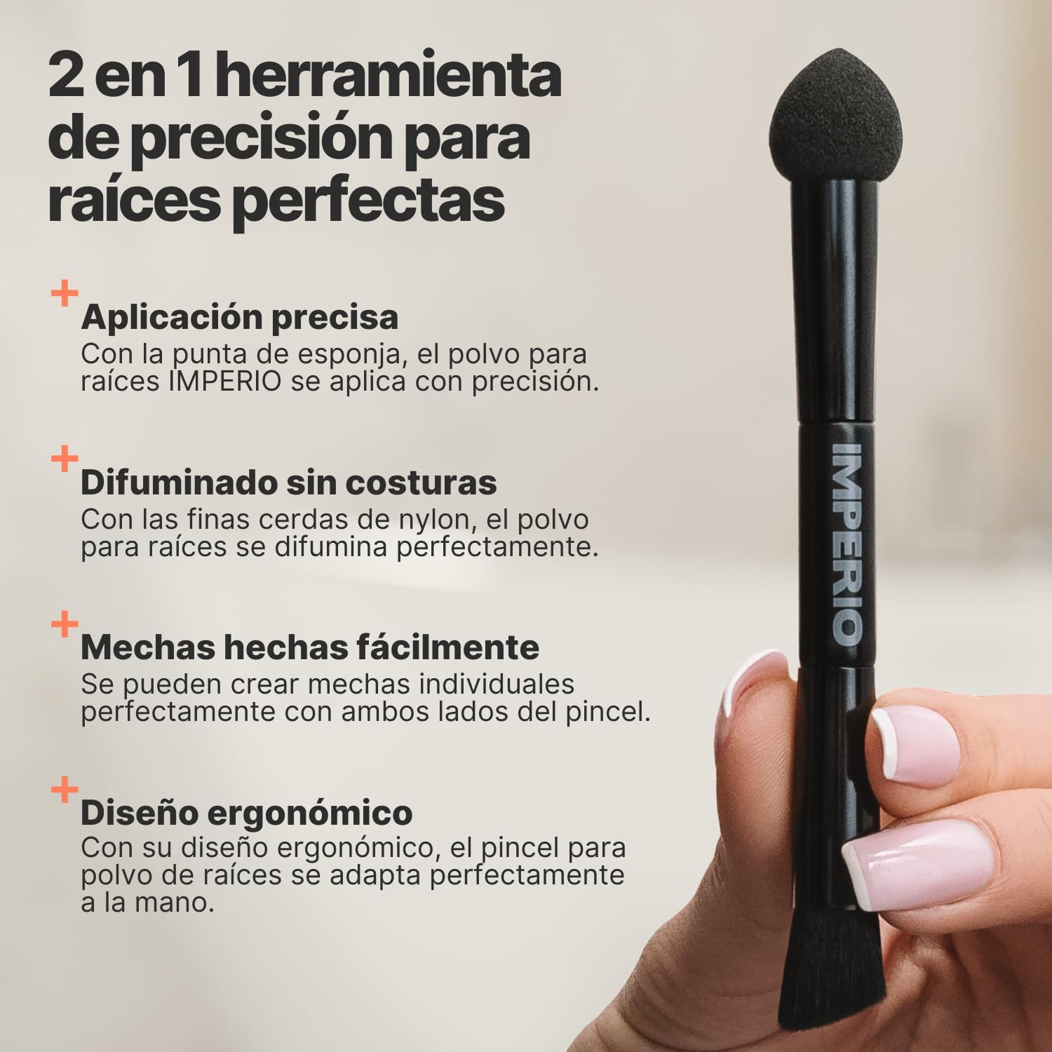 IMPERIO 2en1 Pincel para Aplicar y Difuminar Polvo Cubreraíces en la Línea Del Cabello y Recrear Mechones Individuales (El Original)