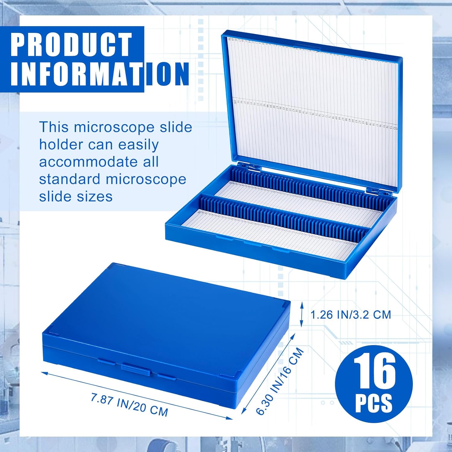 16 Pcs Microscope Slide Storage Box, Plastic Microscope Glass Slide Holder with Latch Lock for 25mm × 75mm Microslide (100place,7.87 x 6.30 x 1.26 Inches,Blue)