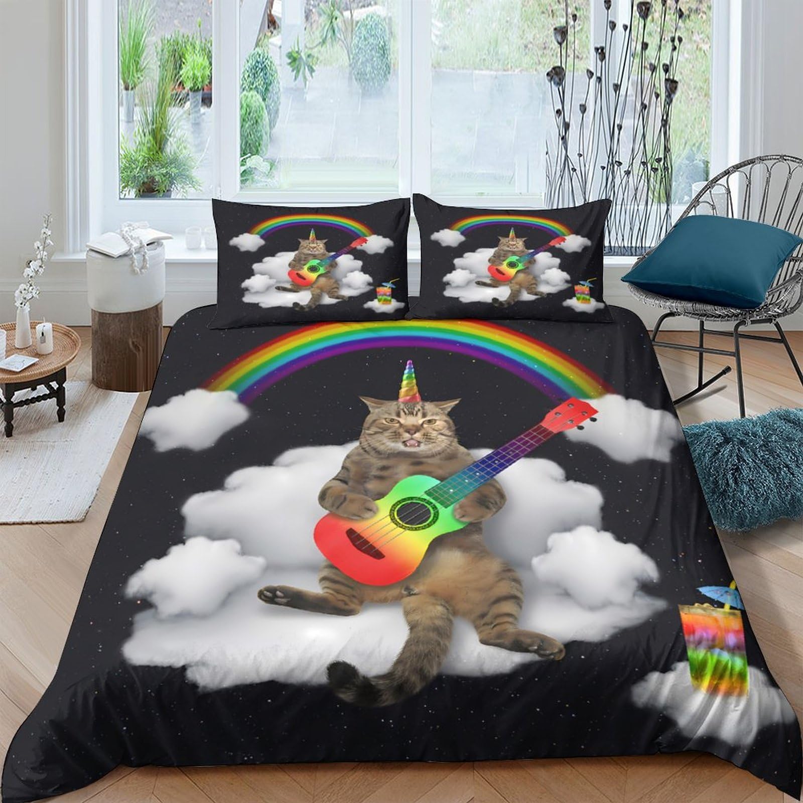 Ctjqhvkz Style-10 3D Printed Rainbow Cat Unicorn Fitted Sheet Microfiber Colourful Guitar Clouds Bed Cover For Bedroom Decor Protection Single（135X200cm）