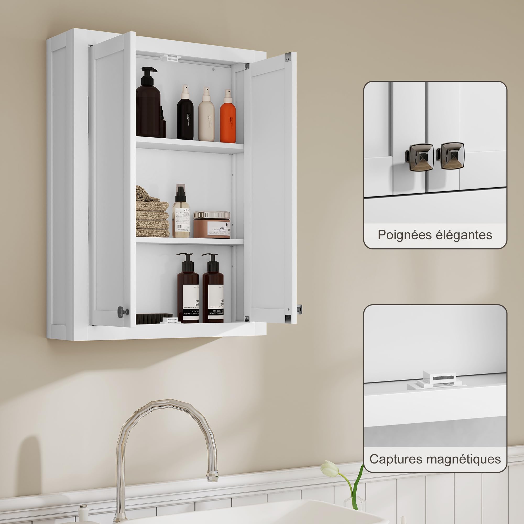 HOMCOM Armoire Murale de Salle de Bain 3 Niveaux, Meuble de Rangement Suspendu pour Salle de Bains avec 2 Portes et étagère réglable, Meuble WC Suspendu, 61 x 20 x 84 cm, Blanc