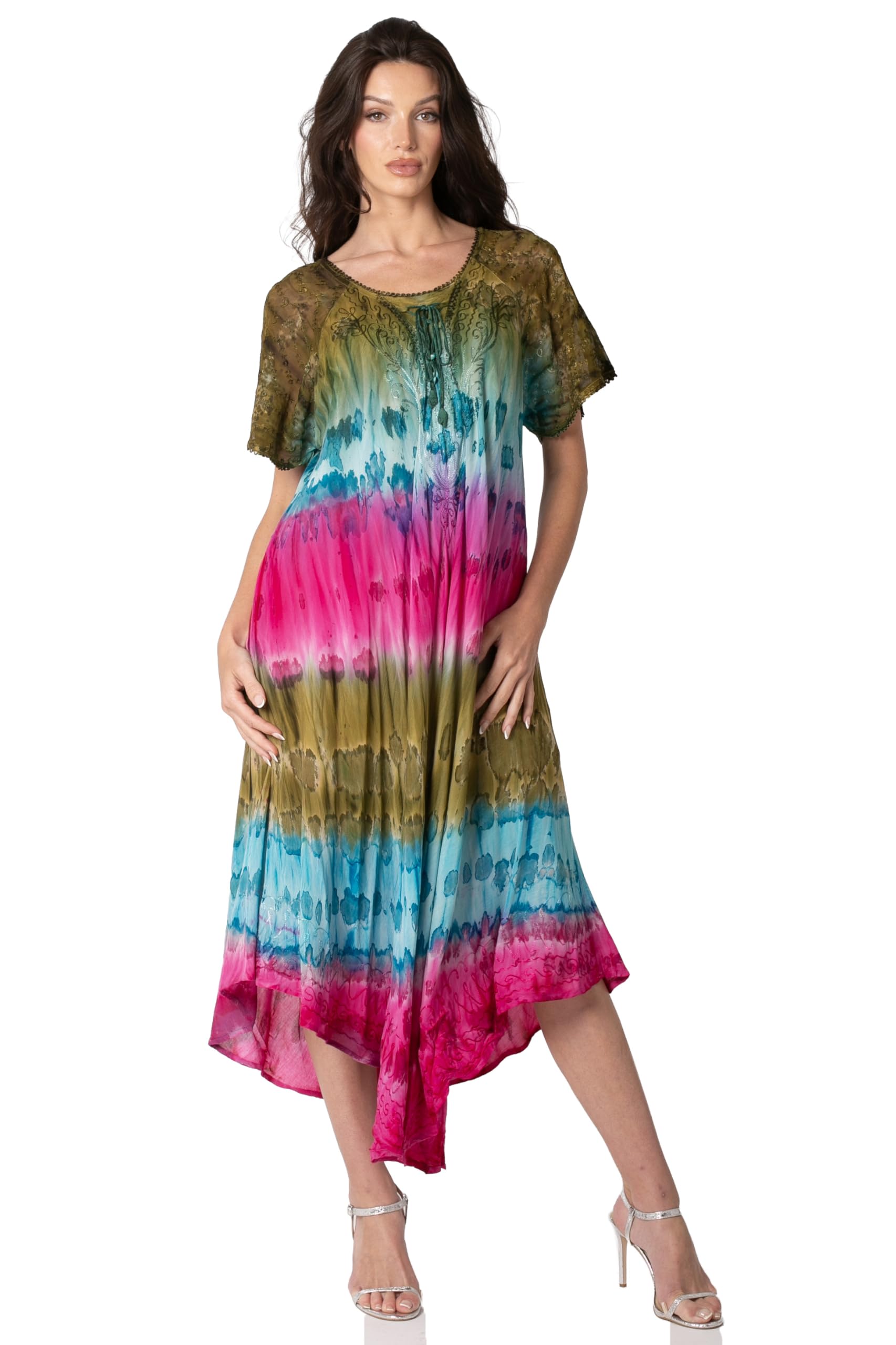 Sakkas Sula Long lacé Rayonne Tie-Dye Large col brodé Boho Sundress Cover Up