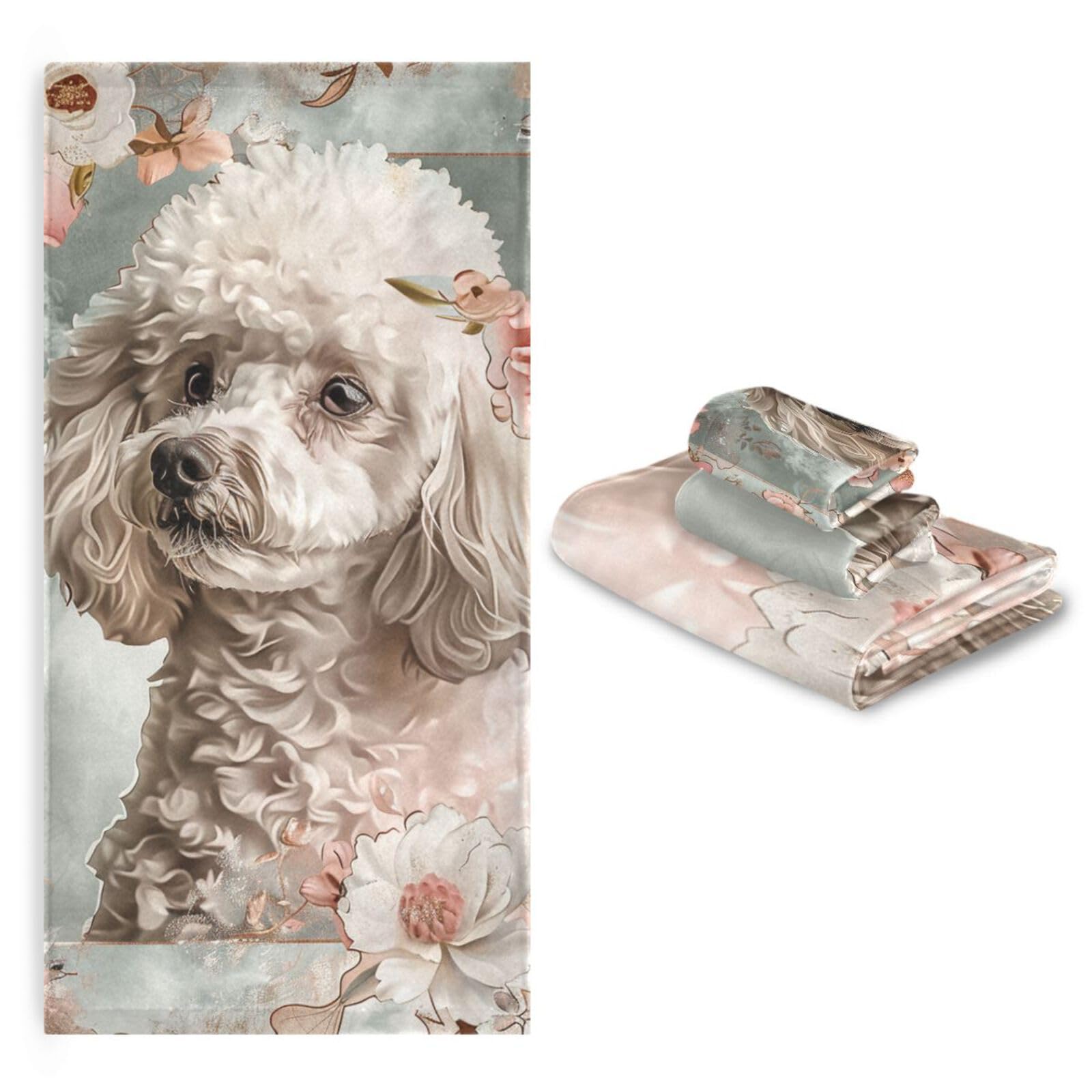Set di 3 asciugamani morbidi in stile bohémien con fiori e cane floreale, 1 asciugamano da bagno, 1 asciugamano per le mani, 1 panno per yoga, bagno e cucina